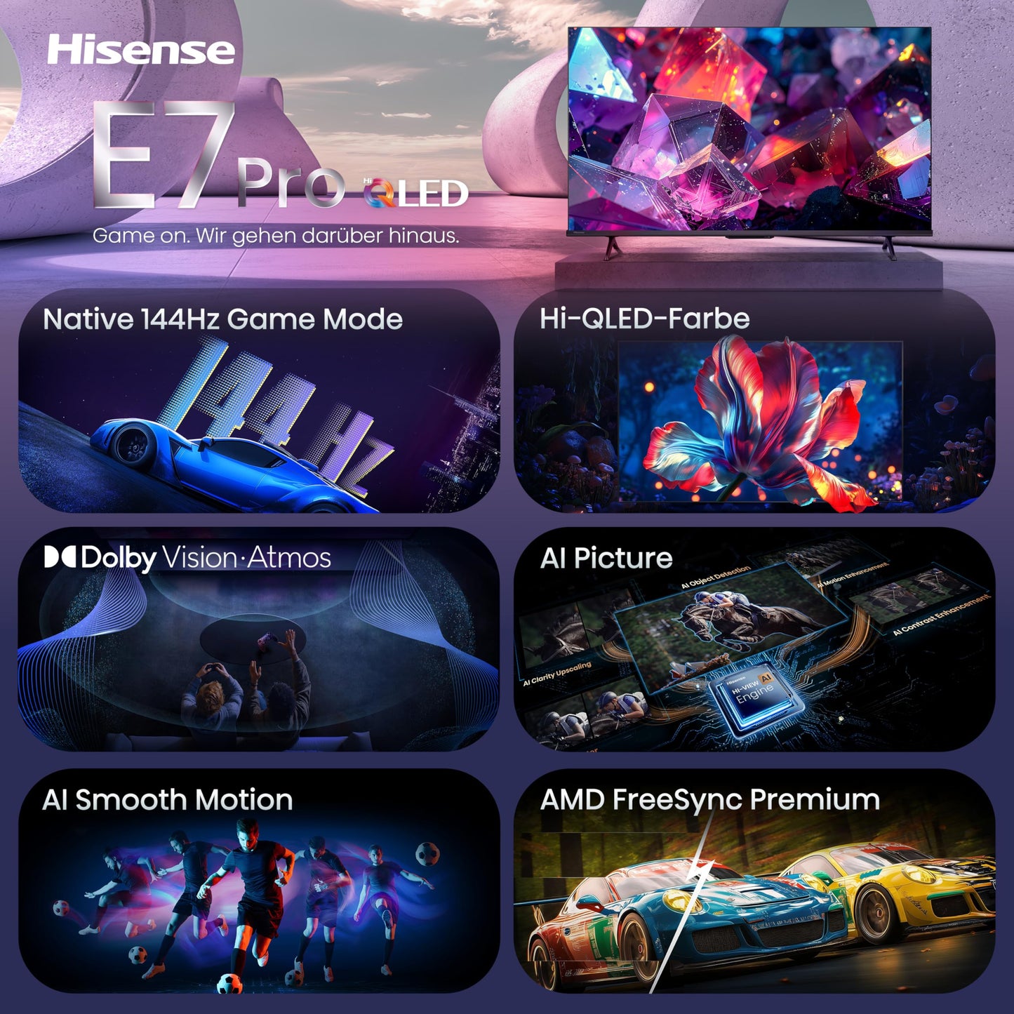Hisense 43E7DS PRO TV 43 inch, 4K UHD QLED, Smart TV, Hi-Concerto, 144Hz Game Mode, Hi-QLED Colour, Dolby Vision.Atmos, Filmmaker Mode, Dolby Audio, DTS Virtual: X, FreeSync Premium [2026]