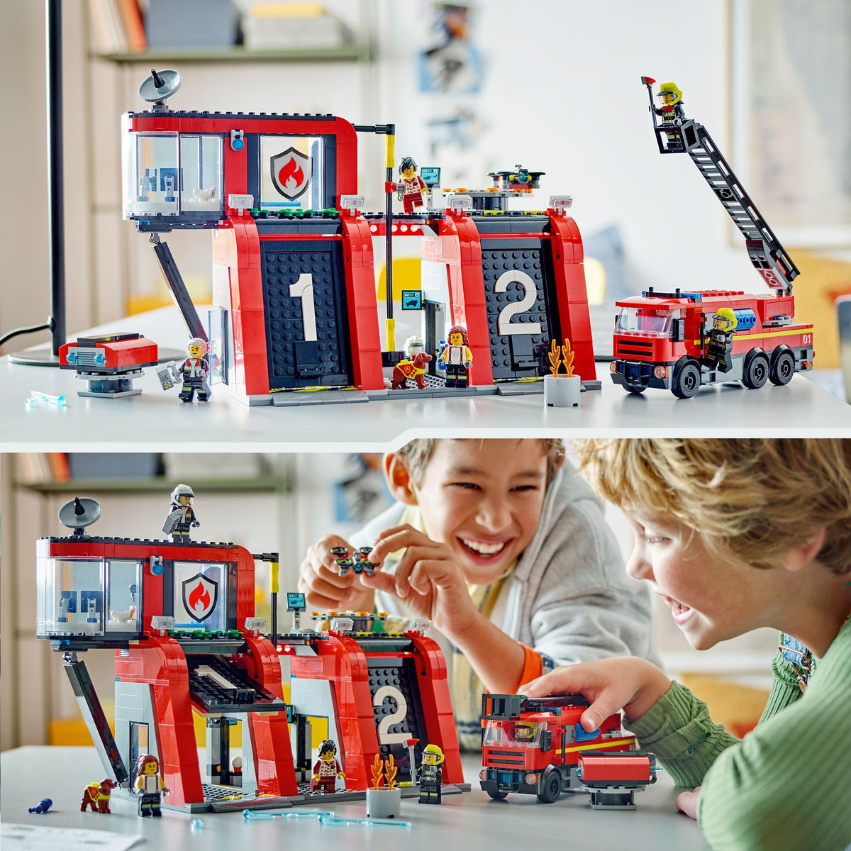 LEGO City Fire Station with Ladder Truck, fire-fighting toy set featuring a fire station and fire truck, birthday gift for children aged 6 and up, set includes a dog and 5 minifigures 60414