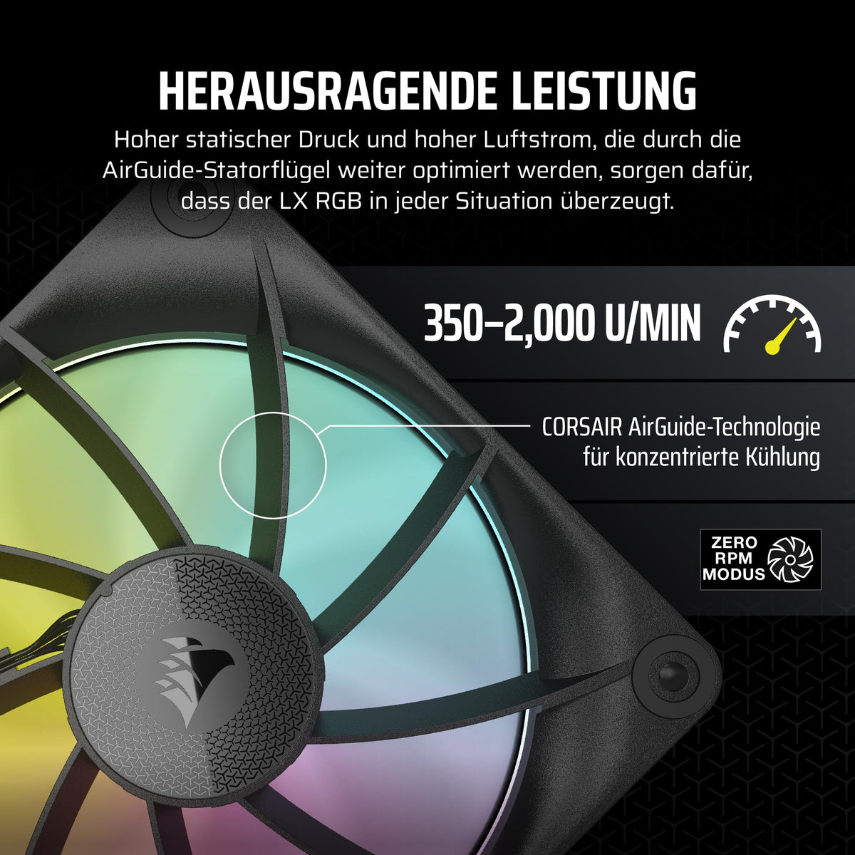 CORSAIR iCUE LINK LX140 RGB ventilator de 140mm PWM, pachet individual – Dual Light Loops – Necesită hub de sistem iCUE LINK (vândut separat) – Tehnologie CORSAIR AirGuide – Negru - CO-9051027-WW