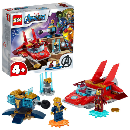 LEGO 76170 Marvel Avengers Iron Man vs. Thanos with jet and 2 superhero figures, toy for ages 4 and up