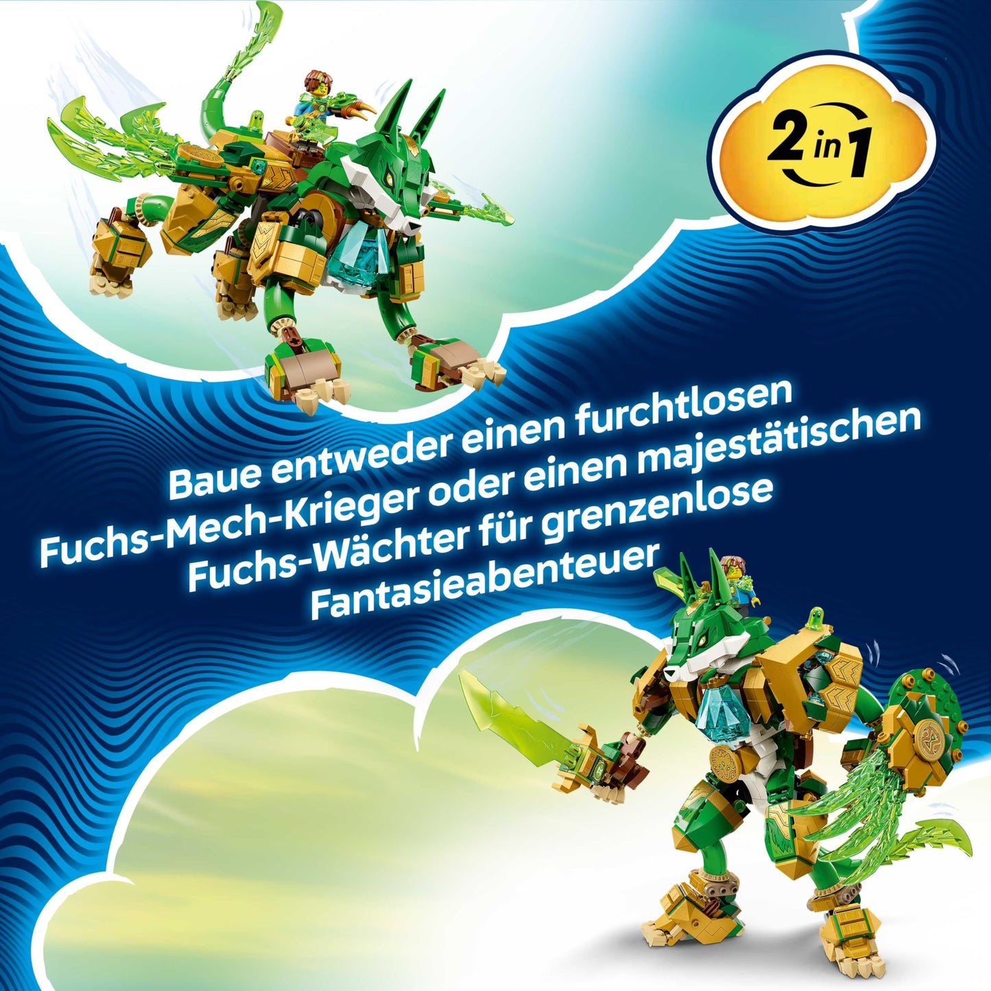 LEGO DREAMZzz 2in1 fox guard mech - action figure, convertible into fox warrior - including 3 minifigures and collectible green treasure creature - gift for boys aged 9 and up - 71508