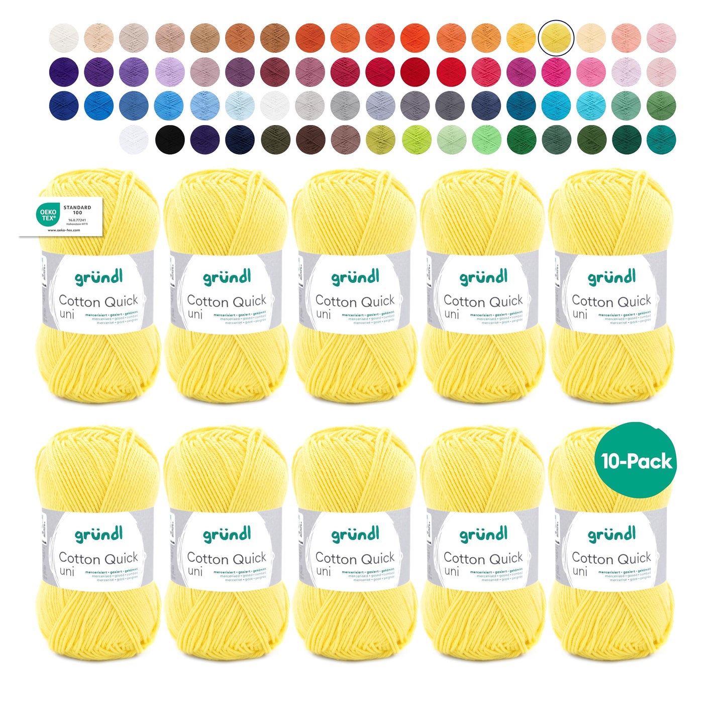 Gründl Wolle Cotton Quick uni - thin wool for crocheting - knitting yarn - crochet yarn - shiny and skin-friendly - 100% cotton - 10 balls 50 g / 125 m - needle size 3-4 - yellow - 865-131