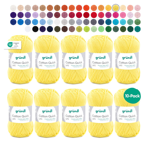 Gründl Wolle Cotton Quick uni - thin wool for crocheting - knitting yarn - crochet yarn - shiny and skin-friendly - 100% cotton - 10 balls 50 g / 125 m - needle size 3-4 - yellow - 865-131