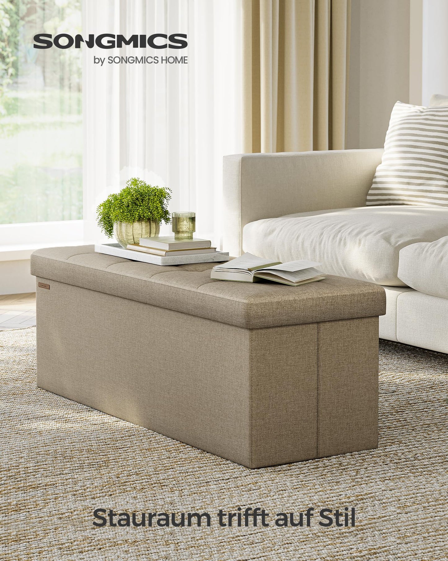 SONGMICS Stool with storage space, folding bench, 38 x 110 x 38 cm footstool, storage box, load capacity up to 300 kg, for living room, bedroom, hallway, camel brown LSF077R01
