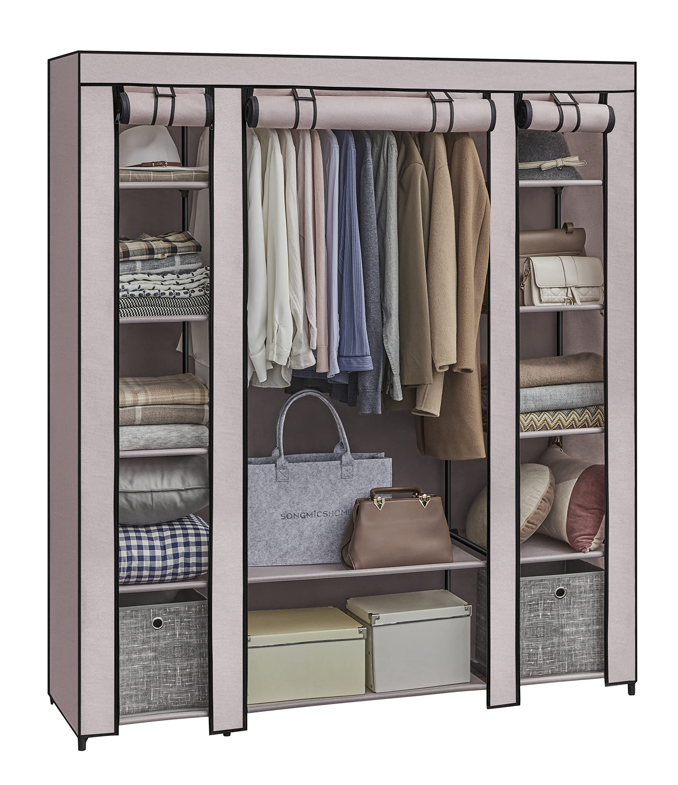 Songmics Fabric Wardrobe Portable Bedroom Clothes Rack with Fabric Cover 45 x 150 x 175 cm 12 Compartments Metal Structure Pink (Powder Pink) LSF003P02