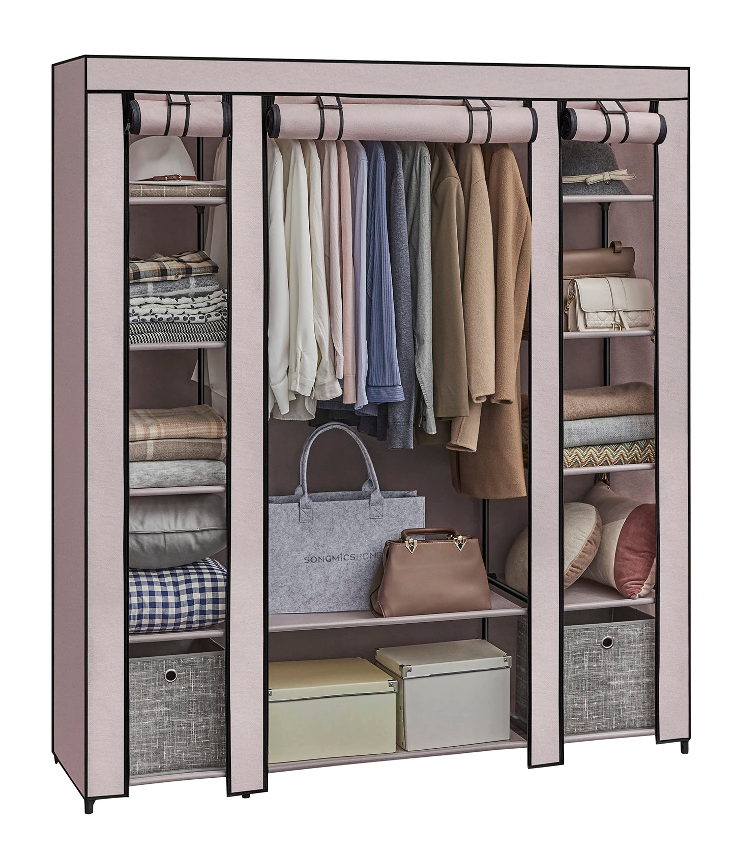 Songmics Fabric Wardrobe Portable Bedroom Clothes Rack with Fabric Cover 45 x 150 x 175 cm 12 Compartments Metal Structure Pink (Powder Pink) LSF003P02