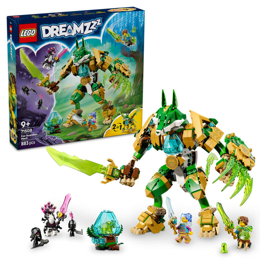 LEGO DREAMZzz 2in1 fox guard mech - action figure, convertible into fox warrior - including 3 minifigures and collectible green treasure creature - gift for boys aged 9 and up - 71508