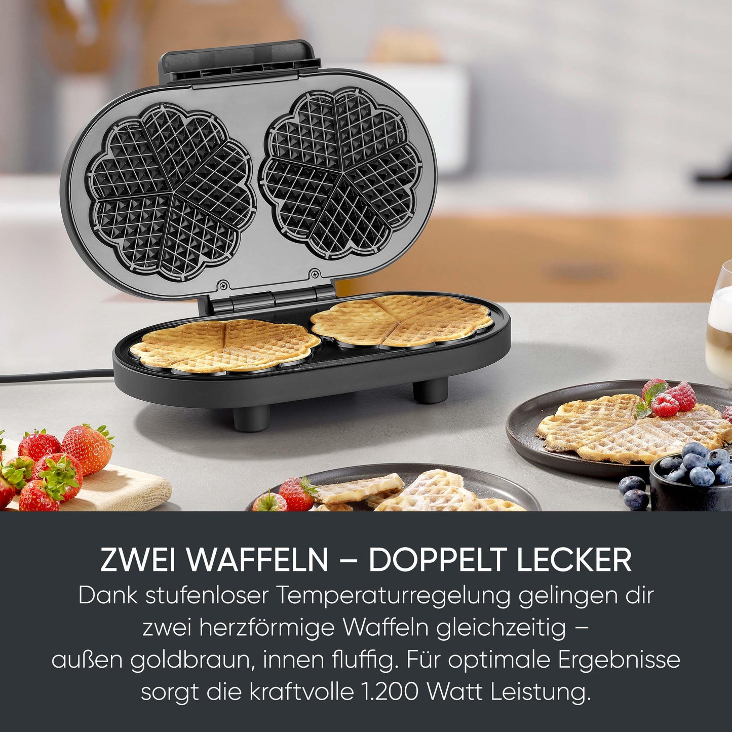 SEVERIN Duo waffle iron Black Line, double waffle iron for heart waffles, PFAS-free coating, with indicator light, practical cable winder, 1,200 watts, matt black, WA 2119