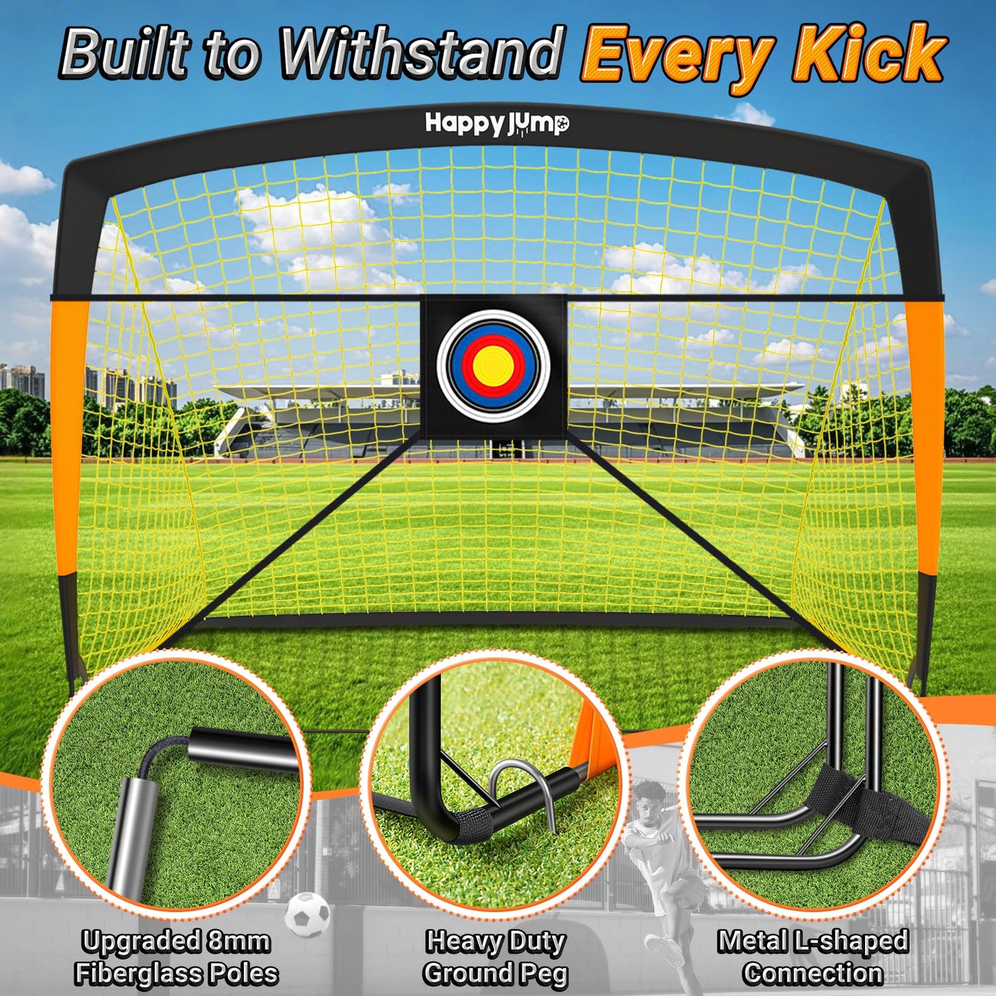 Happy Jump Pop-Up Football Goals - 213x152 cm, 2 goals, black orange with ball, pump, cone & target | Complete training set for garden & family - Z2500600BQ1