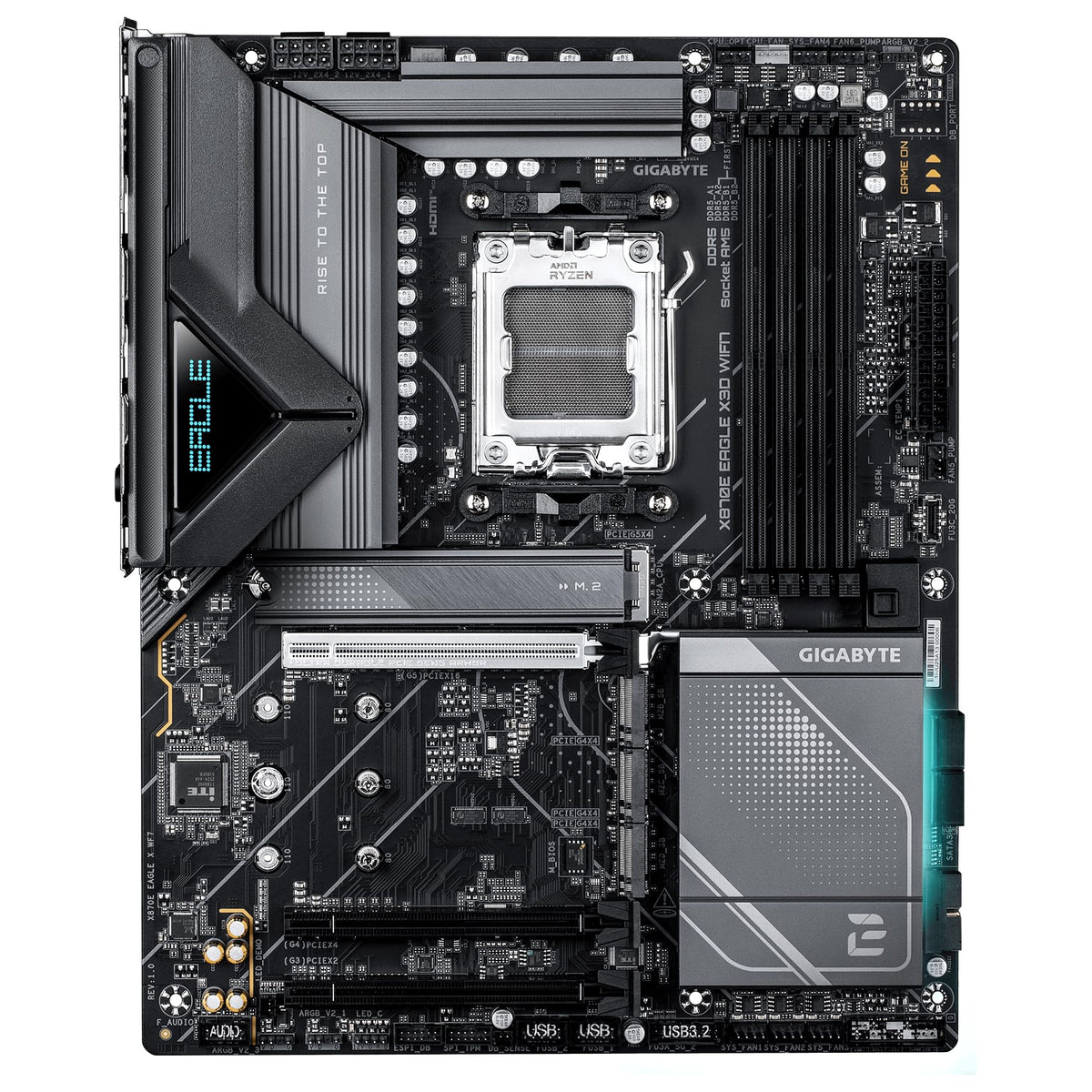 GIGABYTE X870E Eagle X3D WIFI7 Placă de bază – Suportă procesoare AMD Ryzen 9000, VRM digital 14+2+2 faze, până la 9000 Hz DDR5 (OC), 1× PCIe 5.0 + 3× PCIe 4.0, Wi-Fi 7, 5-GbE-LAN, USB 4