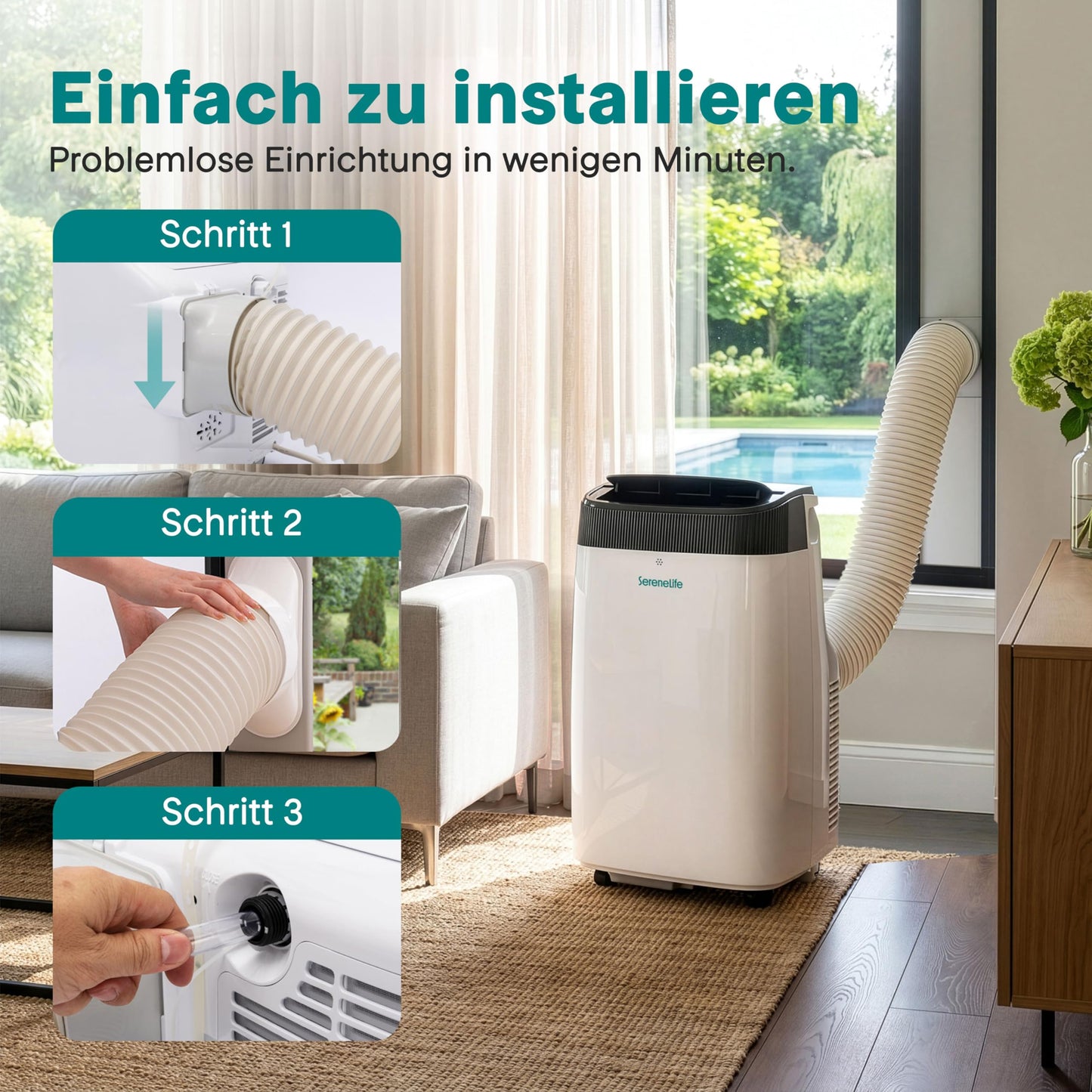 SereneLife Mobile Air Conditioner 4 kW 9000 BTU - L52 dB Quiet air conditioner for bedrooms up to 20 m², pleasant cooling on hot days, with dehumidifier, fan & remote control - SLPAC9EU
