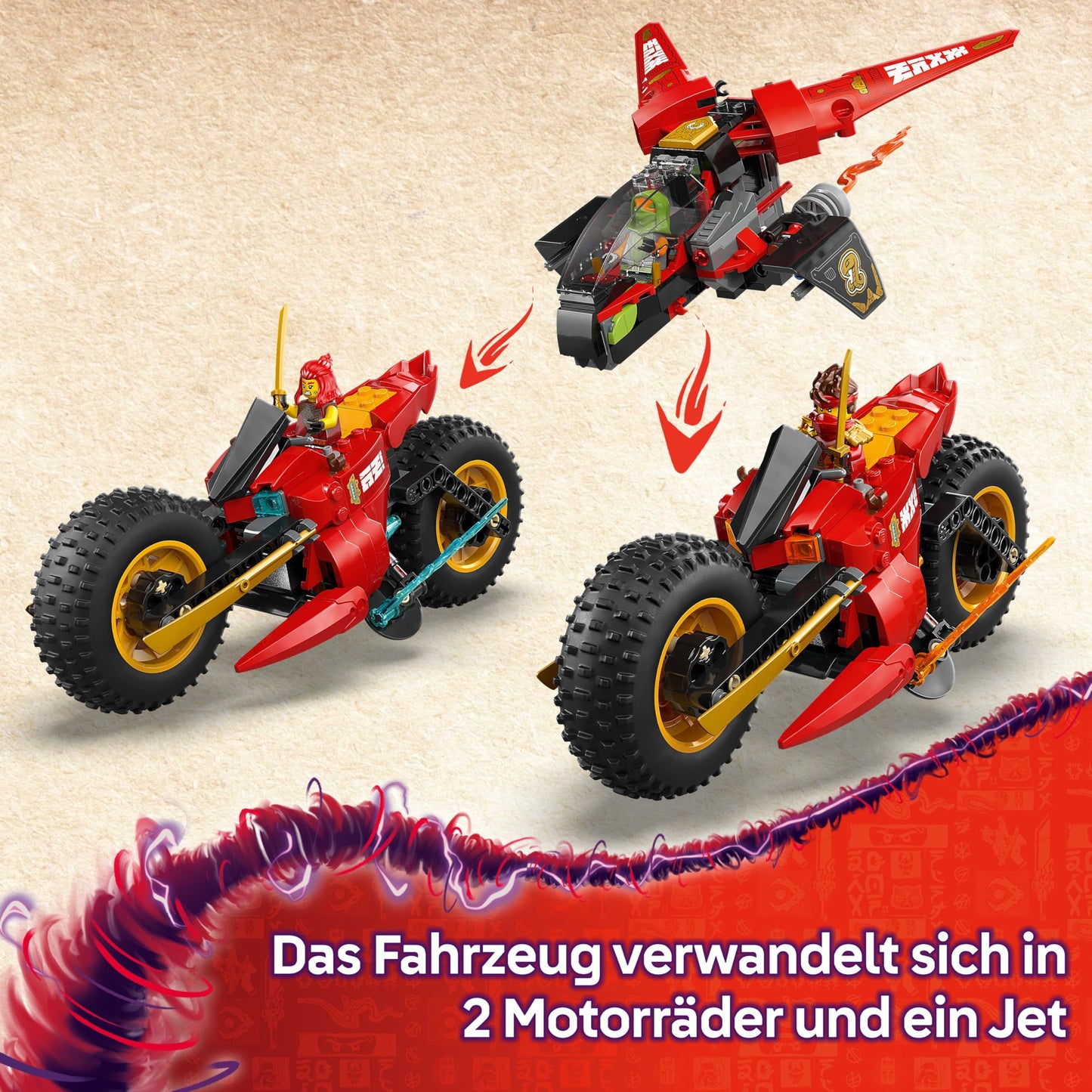 LEGO NINJAGO Ninja Action Speedster - 3-in-1 toy with 2 ninja bikes, 1 jet and 6 minifigures, including Kai and Frak - Rise of the Dragons Gift for boys aged 8 and up - 71844