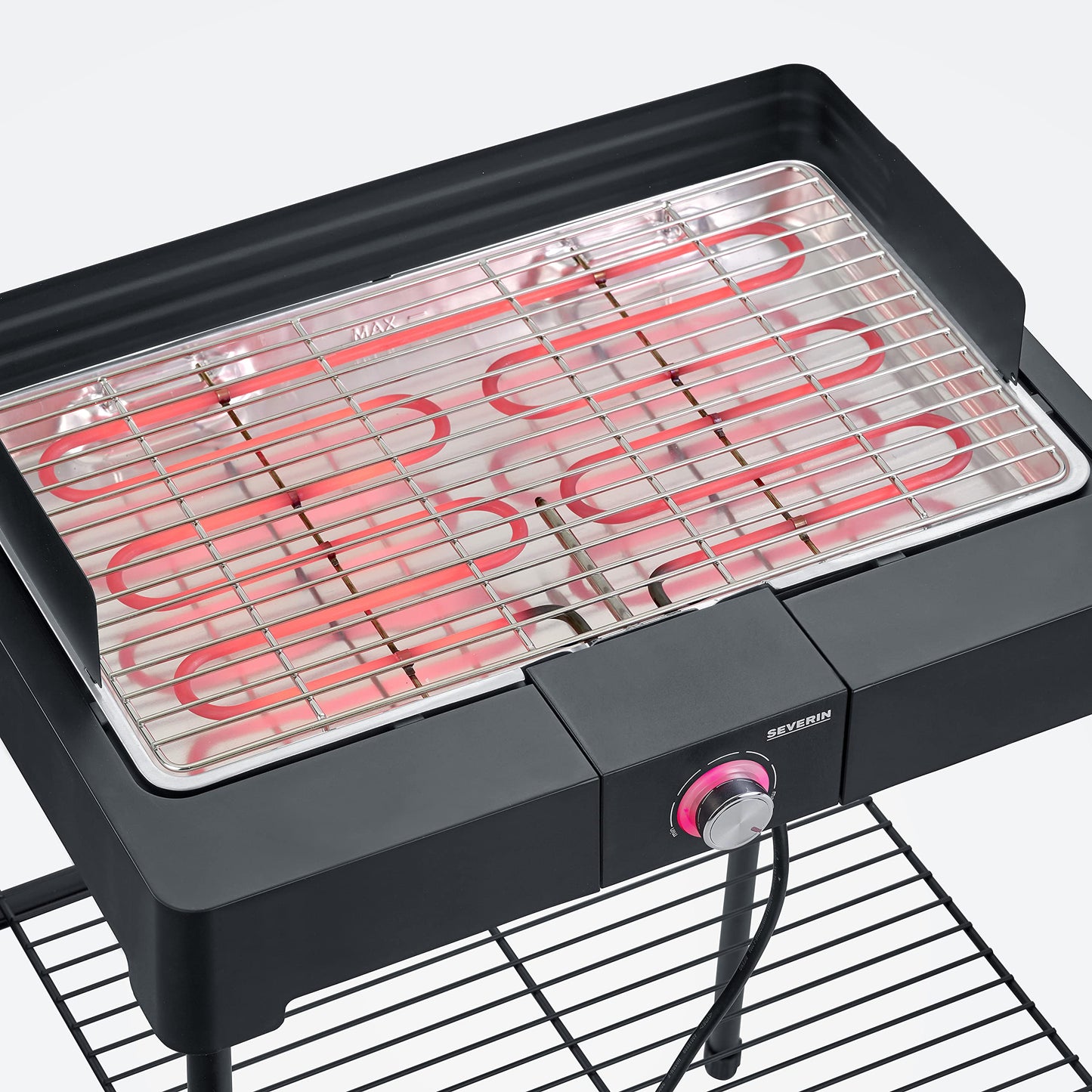 SEVERIN free-standing grill with stainless steel grill rack and base frame and storage rack, electric grill with quick grill start, balcony grill without risk of burns, black, PG 8566