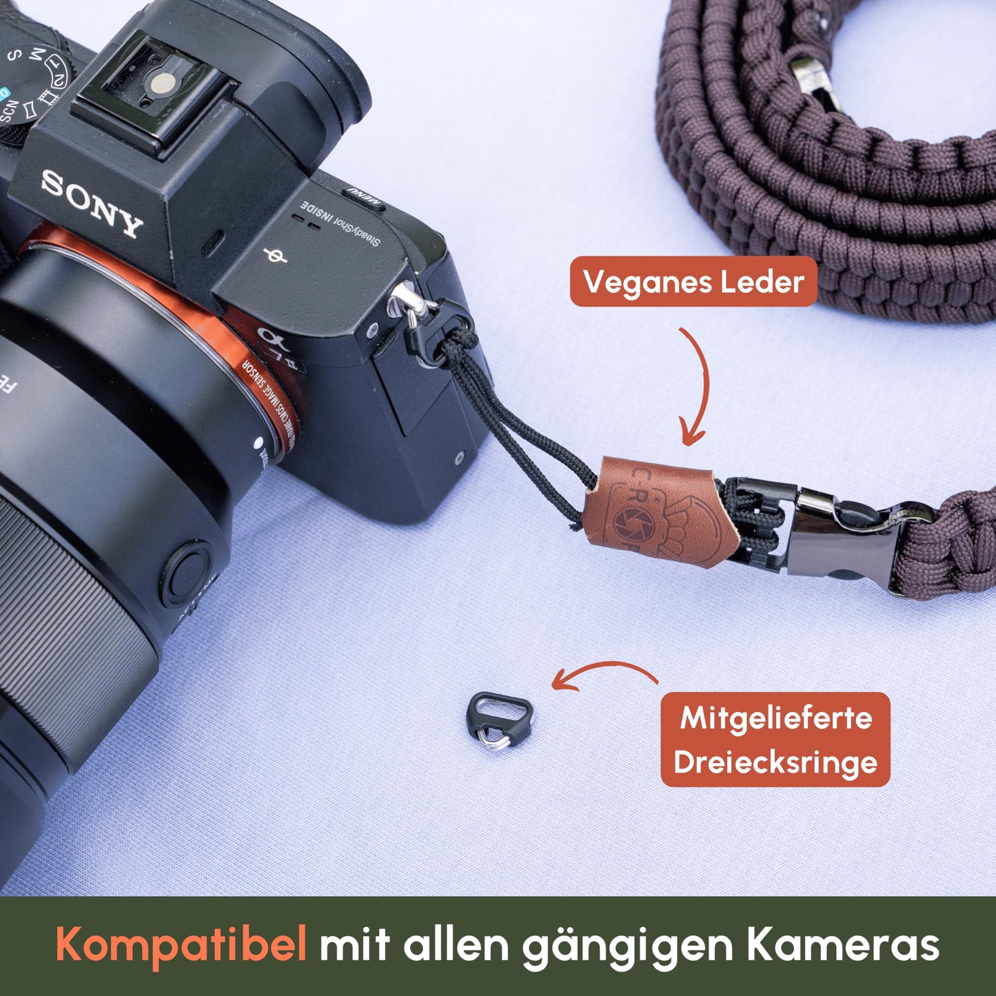 C-Rope camera strap THE TRAVELER hand-braided from paracord, shoulder strap with quick release, 100cm, brown - CRP-TRL-100-DCF