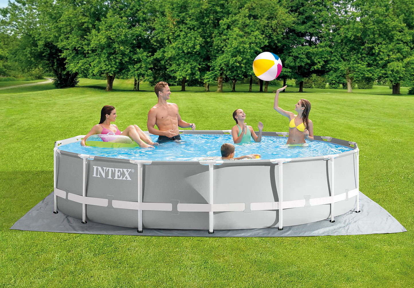 INTEX "PrismFrame" pool round above-ground pool complete set (Ø 457 x 107 cm) including 12V filter pump ladder, groundsheet & cover film family pool swimming pool volume approx. 14,614l, blue (26724GN)