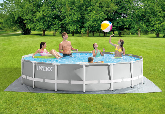 INTEX "PrismFrame" pool round above-ground pool complete set (Ø 457 x 107 cm) including 12V filter pump ladder, groundsheet & cover film family pool swimming pool volume approx. 14,614l, blue (26724GN)