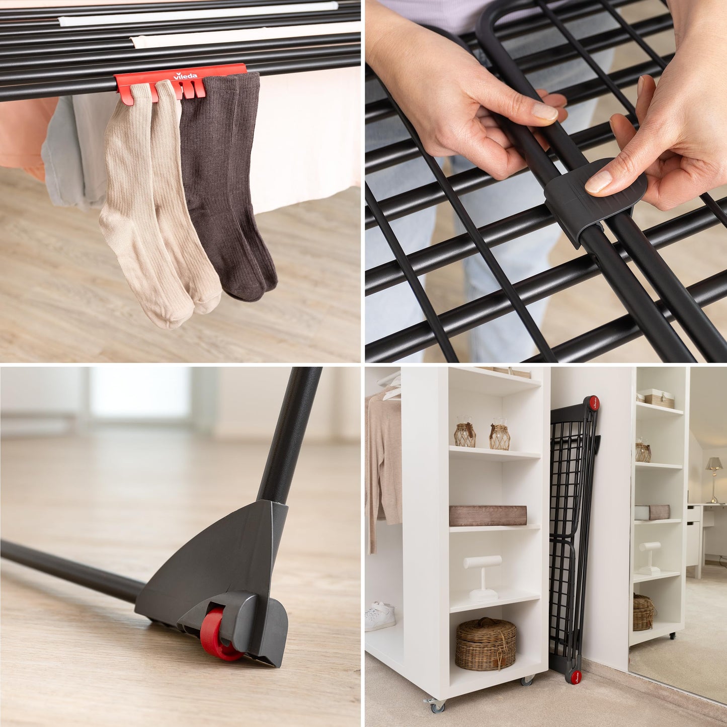Vileda Infinity Flex Ultimate Drying Rack Black Edition | Extendable black telescopic frame, XXL drying rods | Foldable & pre-assembled - fewer marks for large textiles | Comfort pack - 178871