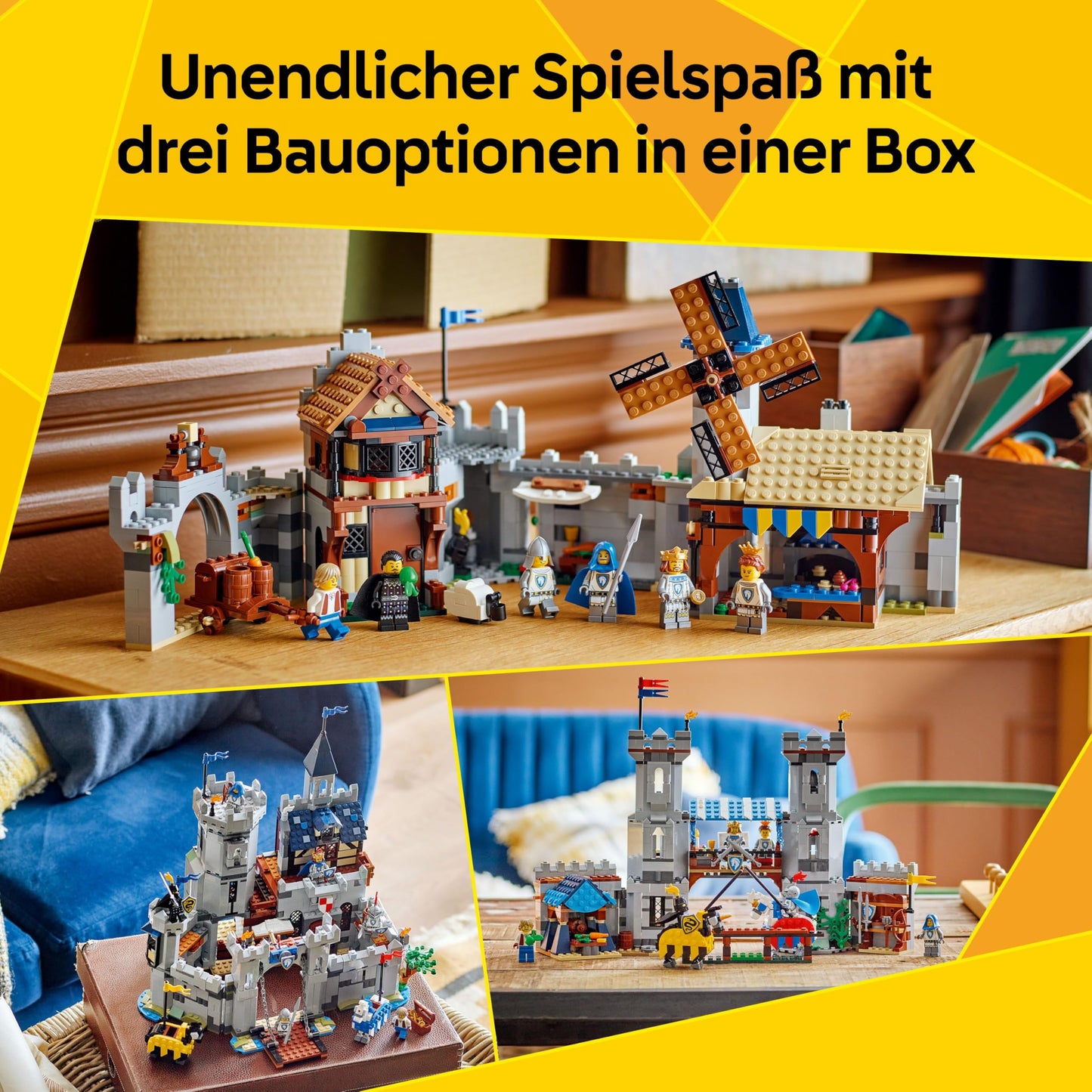 LEGO Creator Knight's Castle in the Middle Ages - 3-in-1 building set - Toy knight's castle - Convertible into knight's tournament scene or city - 6 minifigures - Gift for boys and girls aged 9 and up 31168