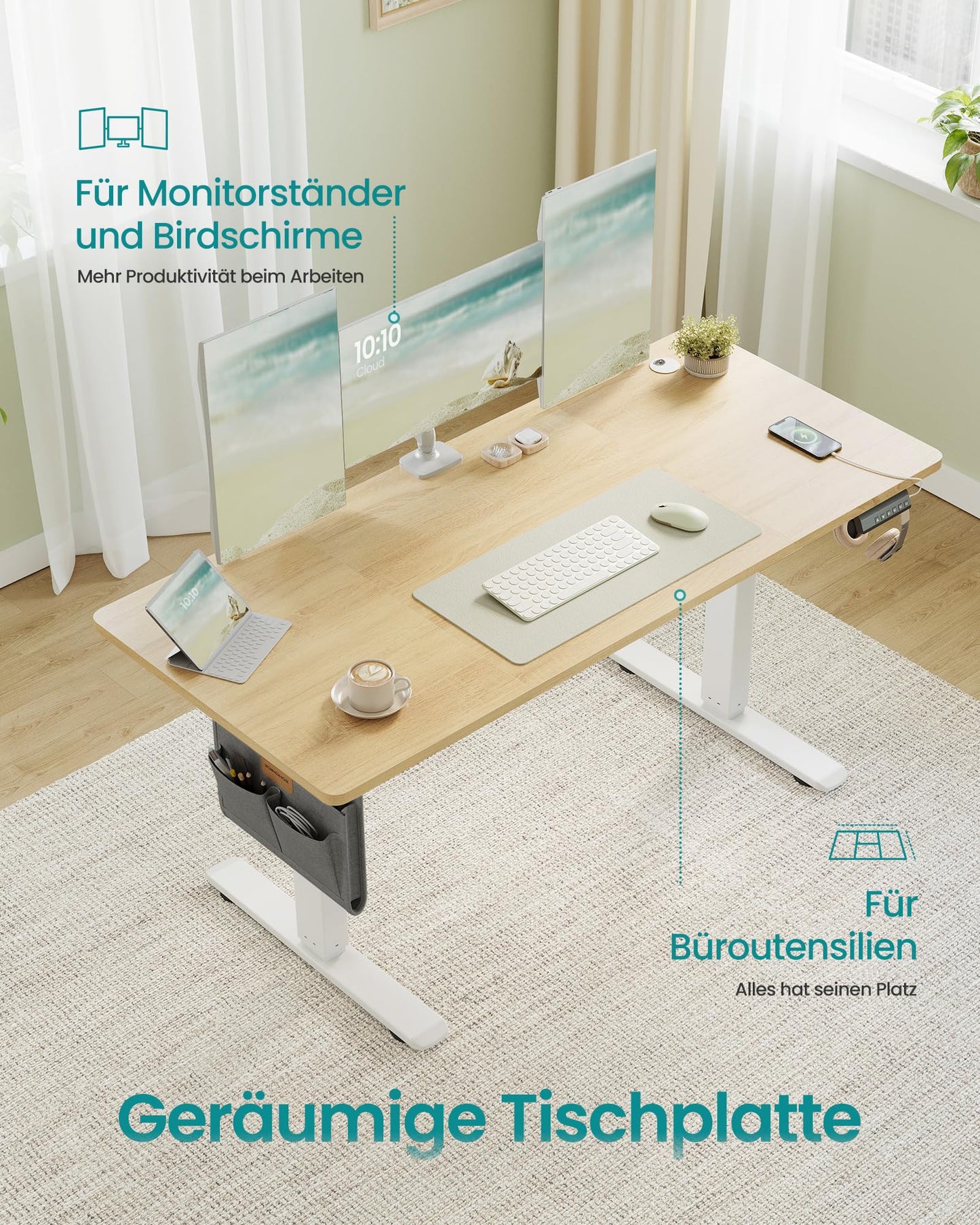 SONGMICS Electric height-adjustable desk, 140 x 60 cm, memory function with 4 heights, USB-C port, golden oak color LSD134YA01 - LSD026X01