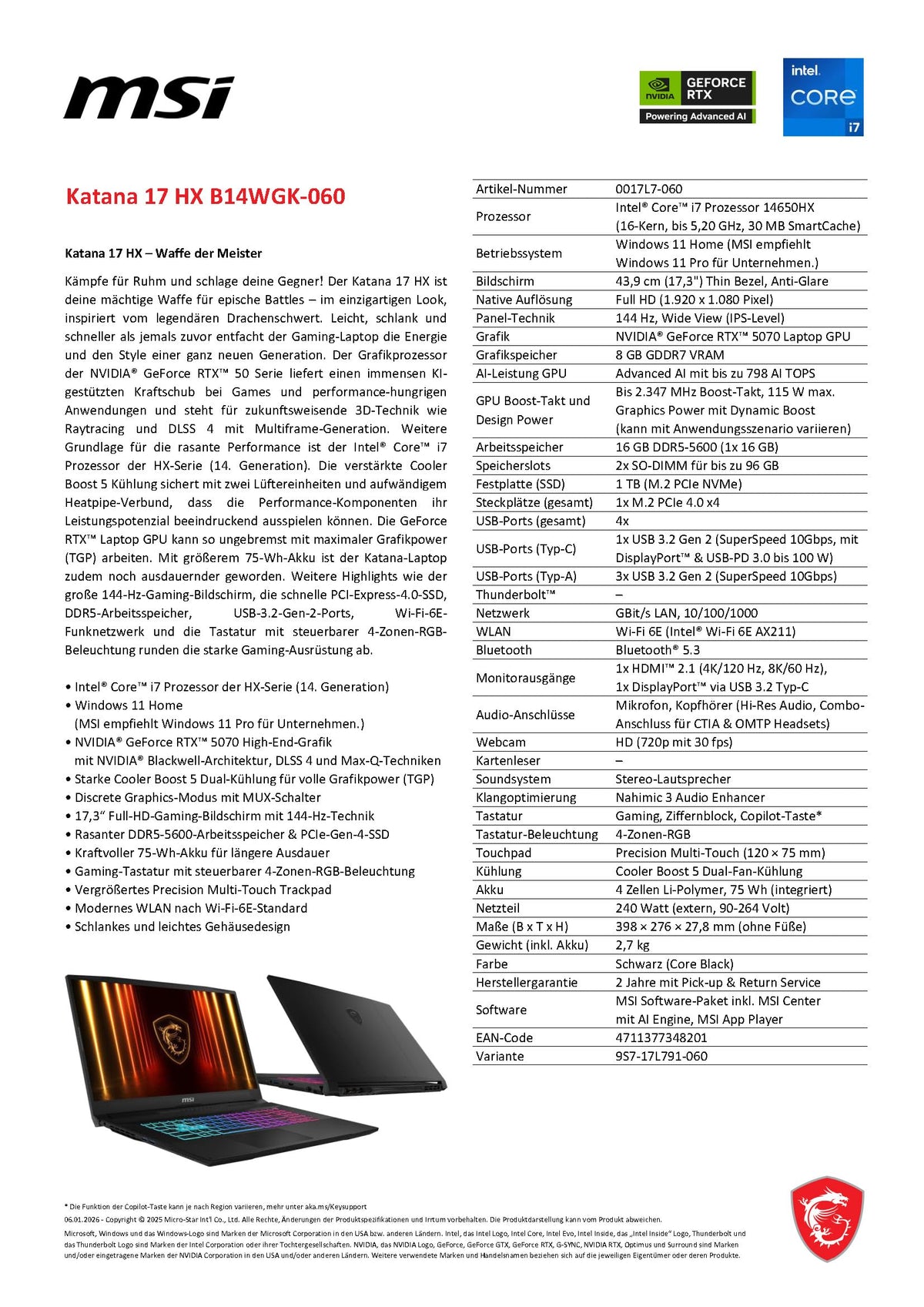 MSI Katana 17 HX, Gaming Laptop, 17.3 inch Full HD, Intel Core i7 14650HX, NVIDIA GeForce RTX 5070, 16 GB DDR5, 1 TB SSD, Windows 11 Home, QWERTZ Keyboard, Black, B14WGK-060 - 0017L7-060