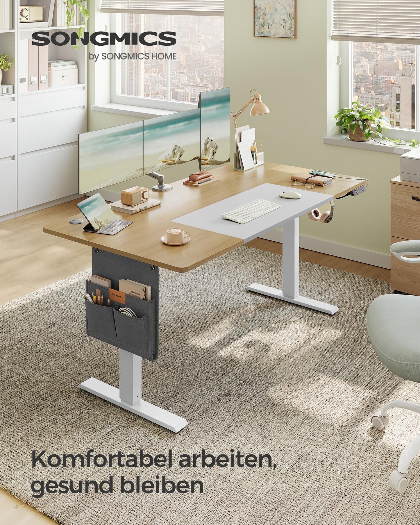 SONGMICS Electric height-adjustable desk, 160 x 70 cm, infinitely adjustable, memory function with 4 heights, natural oak color-matt white LSD026N01