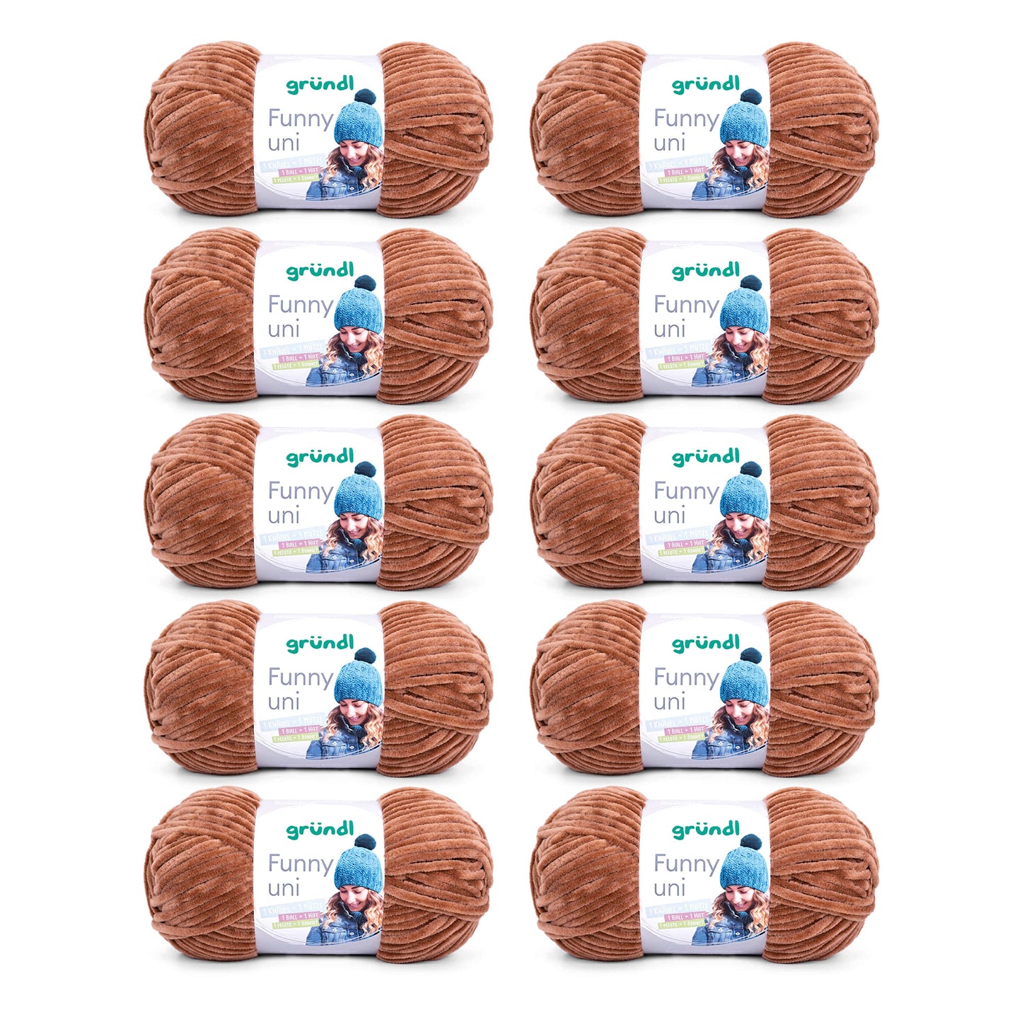 Gründl Wolle Funny uni - soft chenille wool for crocheting - cuddly and skin-friendly - 100% polyester - 10 balls 100 g / 120 m - needle size 5-6, light brown - 3442-26