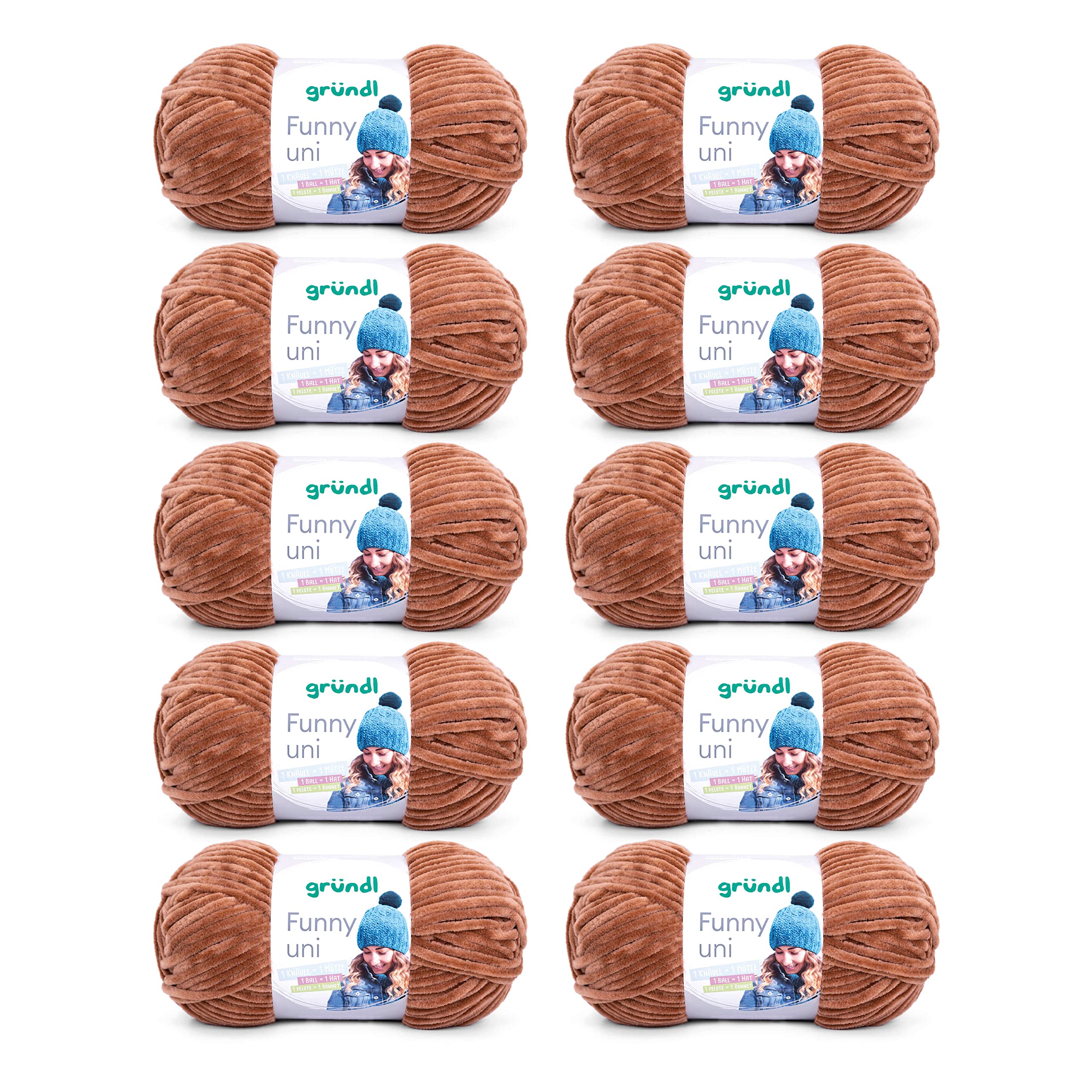 Gründl Wolle Funny uni - lână moale tip chenille pentru croșetat - pufoasă și delicată cu pielea - 100% poliester - 10 sculuri de 100 g / 120 m - dimensiune croșetă 5-6, maro deschis - 3442-26
