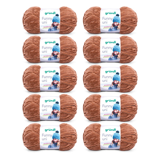 Gründl Wolle Funny uni - lână moale tip chenille pentru croșetat - pufoasă și delicată cu pielea - 100% poliester - 10 sculuri de 100 g / 120 m - dimensiune croșetă 5-6, maro deschis - 3442-26