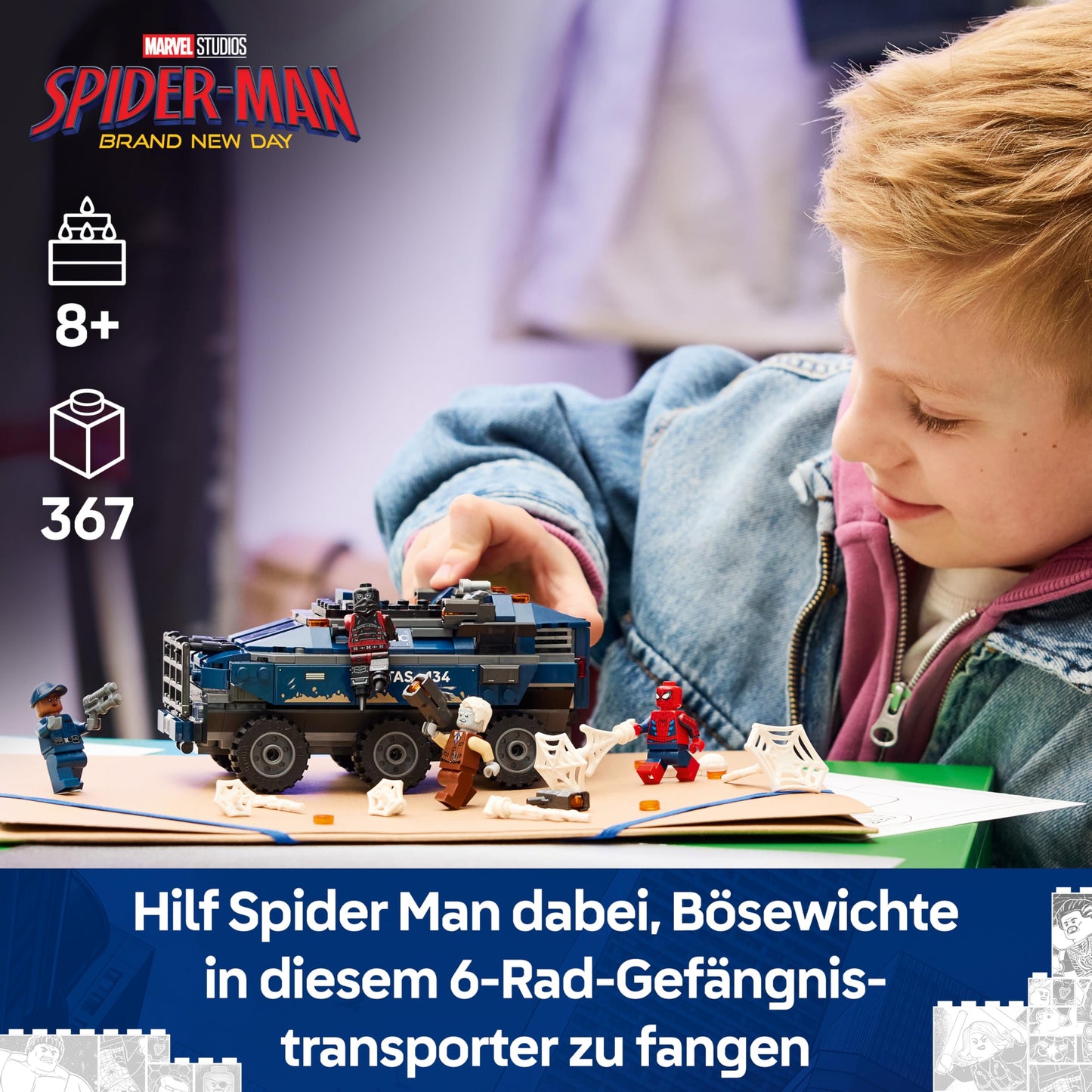 LEGO | Marvel Spider-Man Chasing the Prison Transporter - Superhero toy with armored vehicle and 4 minifigures including Tombstone and Tarantula - Gift for boys aged 8 and up - 76349