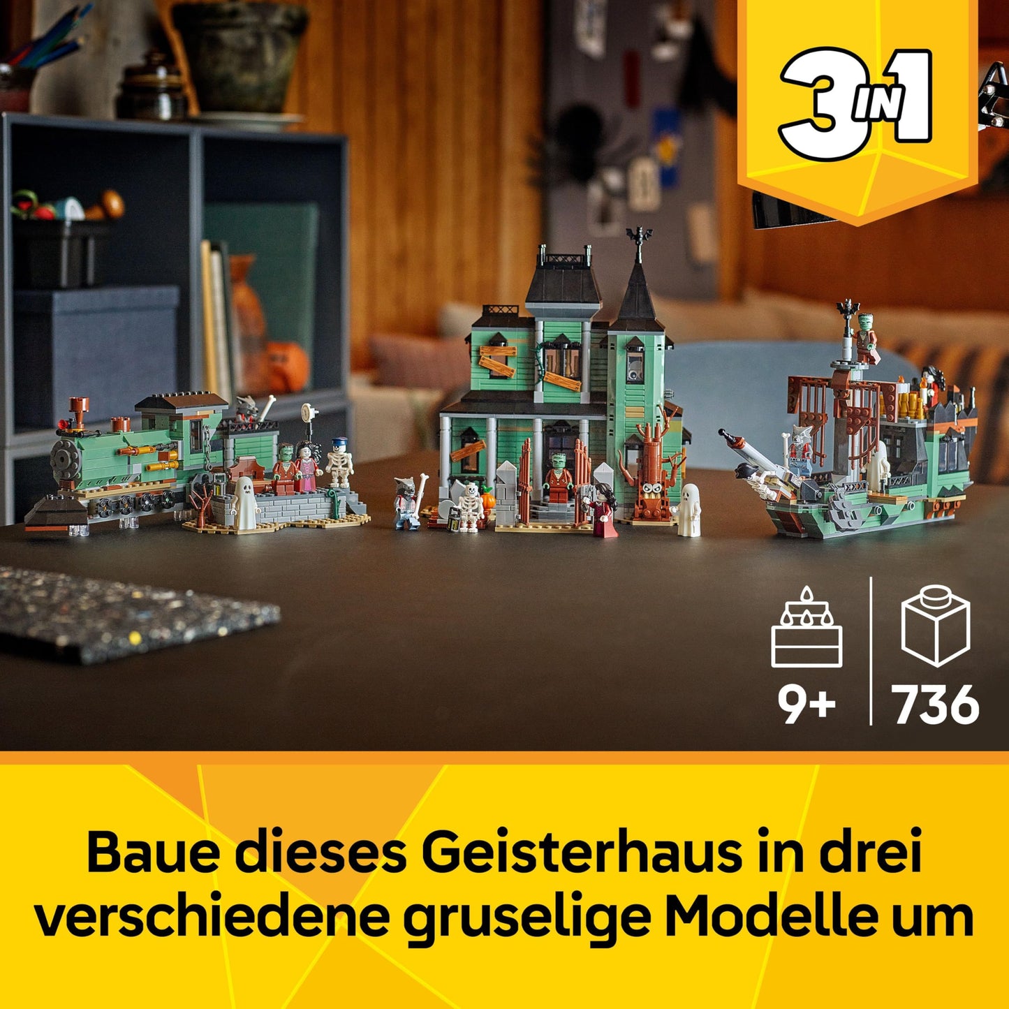LEGO Creator Haunted House - 3-in-1 toy with house - building set that can be converted into a ship or train - with 5 spooky minifigures - cool Halloween gift for boys and girls aged 9 and up - 31167