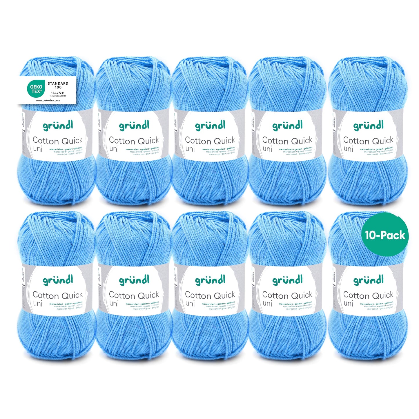 Gründl Wolle Cotton Quick uni - thin wool for crocheting - knitting yarn - crochet yarn - shiny and skin-friendly - 100% cotton - 10 balls 50 g / 125 m - needle size 3-4 - light blue - 865-127