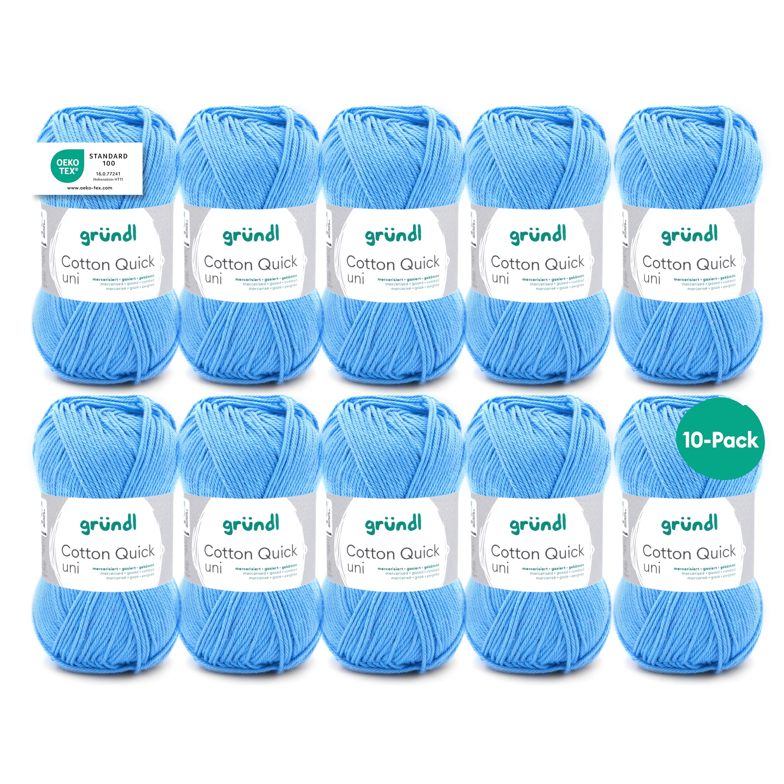 Gründl Wolle Cotton Quick uni - thin wool for crocheting - knitting yarn - crochet yarn - shiny and skin-friendly - 100% cotton - 10 balls 50 g / 125 m - needle size 3-4 - light blue - 865-127