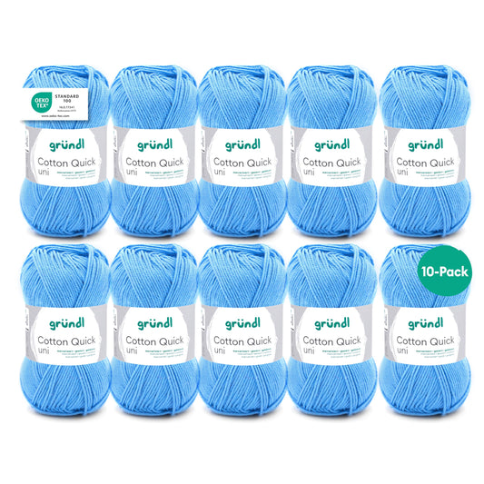 Gründl Wolle Cotton Quick uni - thin wool for crocheting - knitting yarn - crochet yarn - shiny and skin-friendly - 100% cotton - 10 balls 50 g / 125 m - needle size 3-4 - light blue - 865-127