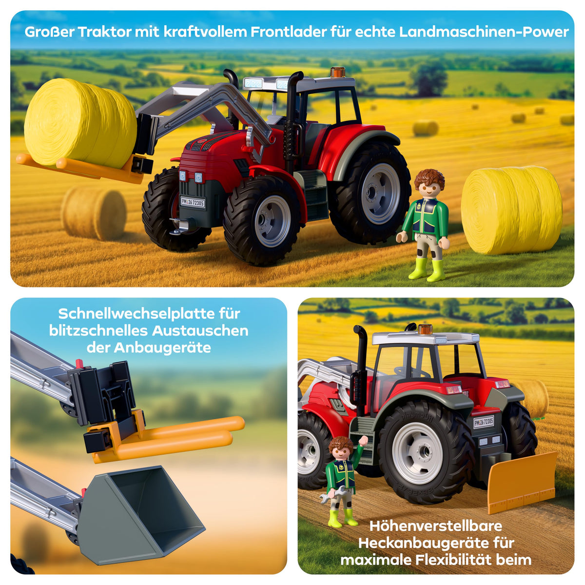 PLAYMOBIL | Țară | Tractor mare cu baloturi de fân | Tractor puternic cu încărcător frontal, baloturi rotunde și set de unelte | Pentru copii de la 4 ani | 72305