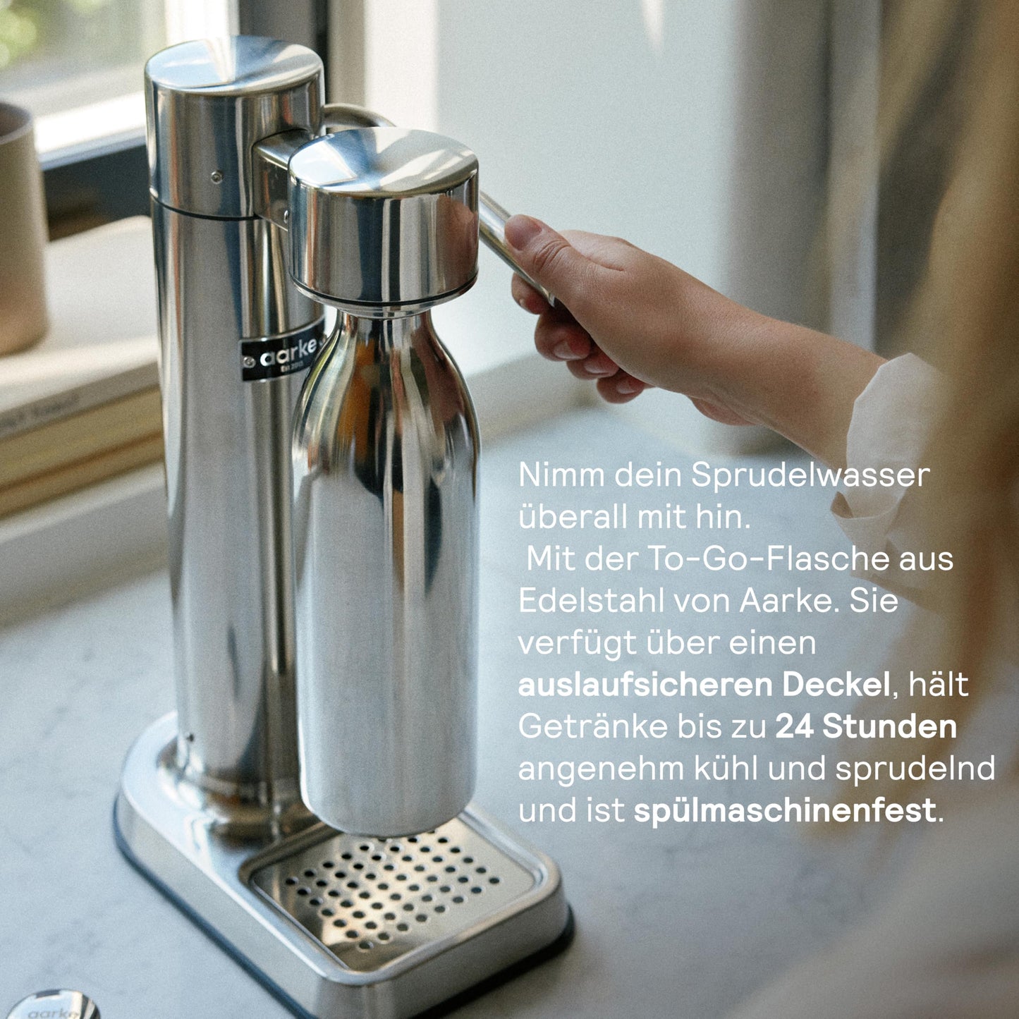 Aarke Carbonator 3, stainless steel sparkling water maker in a modern stainless steel finish with BPA-free 1L PET bottle, sparkling water maker for tap water, compatible with 60L CO2 cylinders - AAC3-Stainless