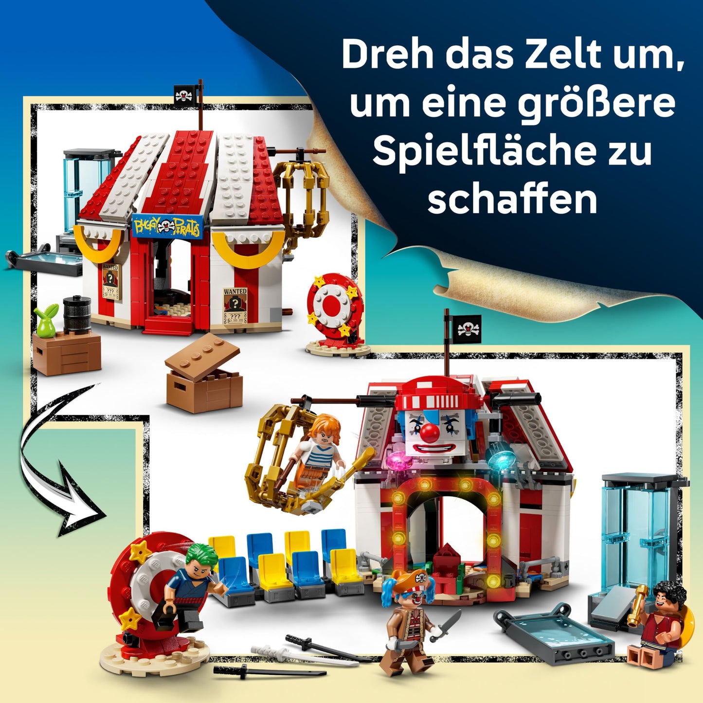 LEGO ONE PIECE Buggy the Clown circus tent - interactive toy with 4 minifigures - Luffy, Nami & Zoro and 2 profiles - creative gift for boys, girls and fans aged 8 and over - 75637