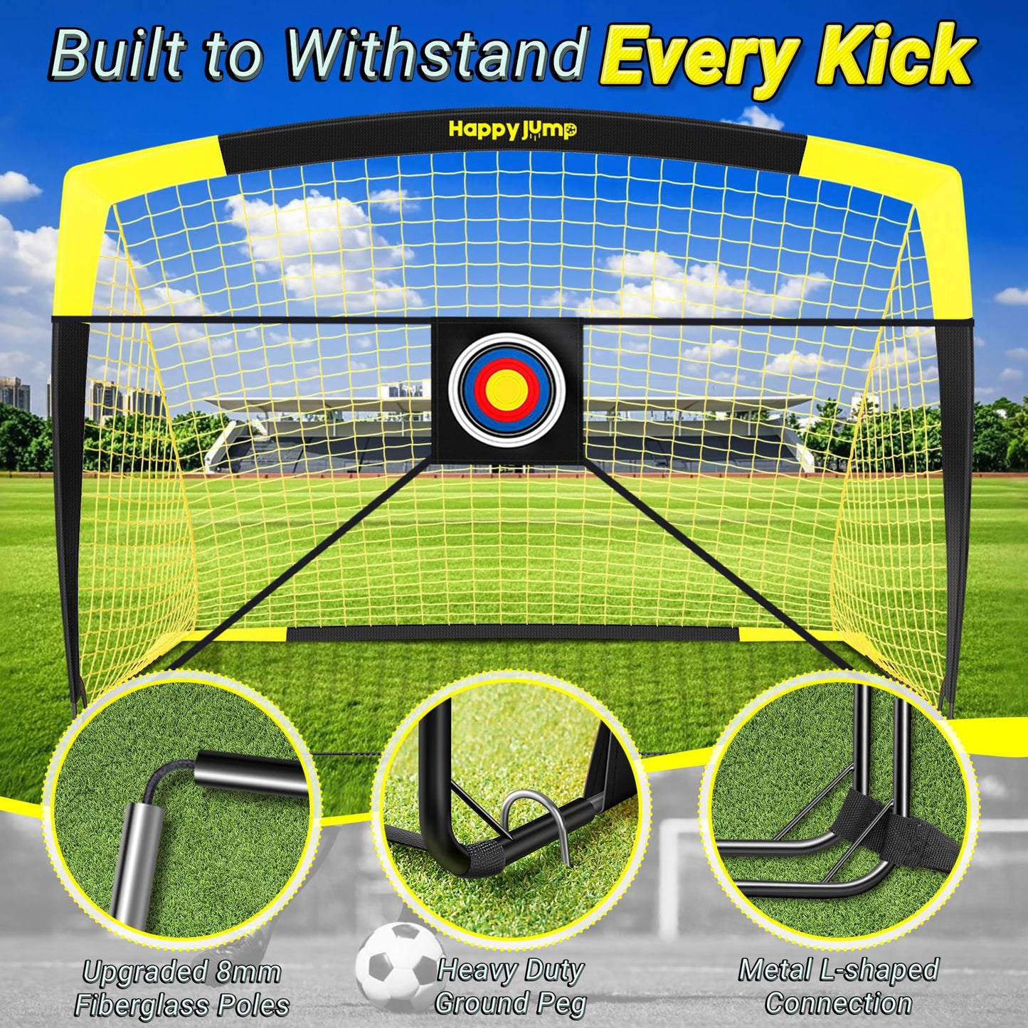 Happy Jump Pop-Up Football Goals - 213x152 cm, 2 goals, black yellow with ball, pump, cone & target | Complete training set for garden & family - Z2500900BQ1