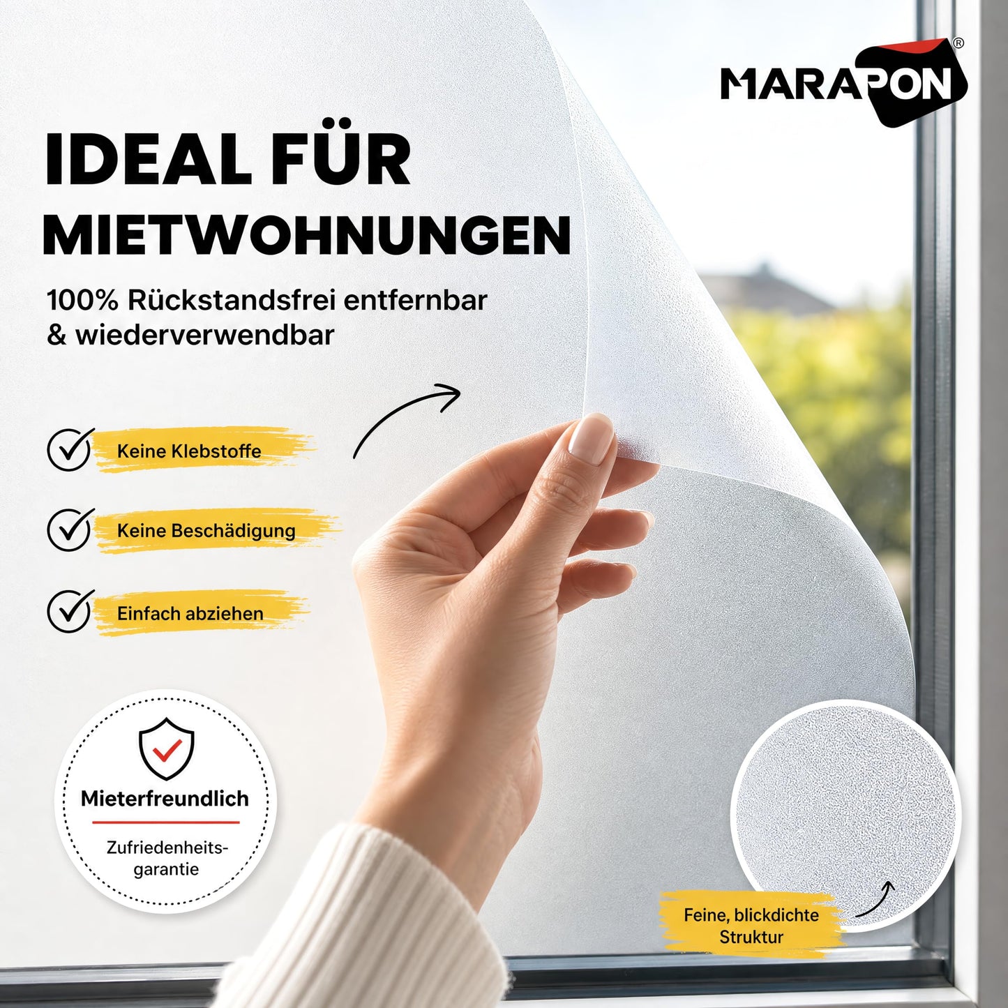 MARAPON window film opaque in matt 0.30x50 m statically adhesive privacy film window, frosted glass film window film opaque from the outside for privacy and UV protection or window decoration - M3050-WS