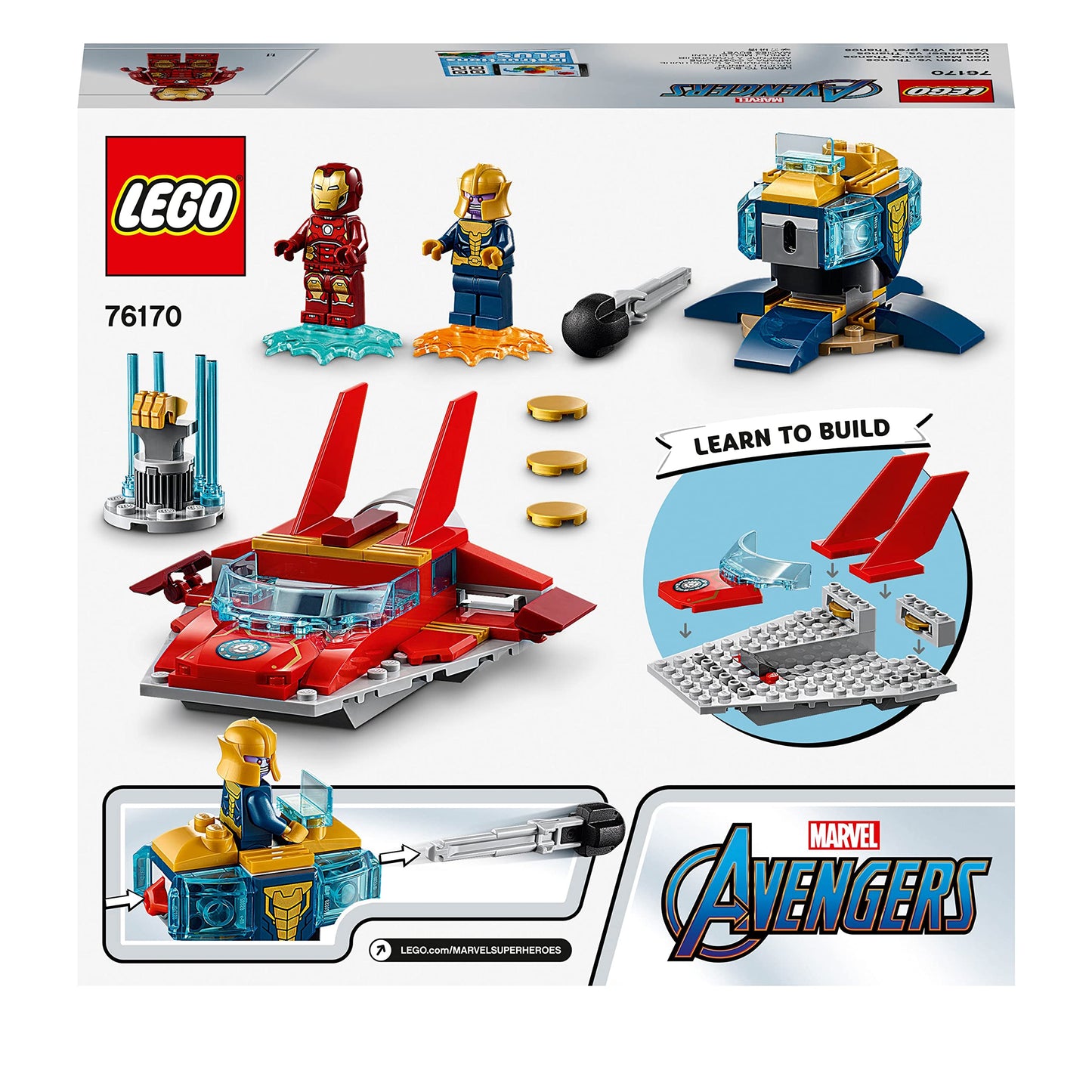 LEGO 76170 Marvel Avengers Iron Man vs. Thanos with jet and 2 superhero figures, toy for ages 4 and up