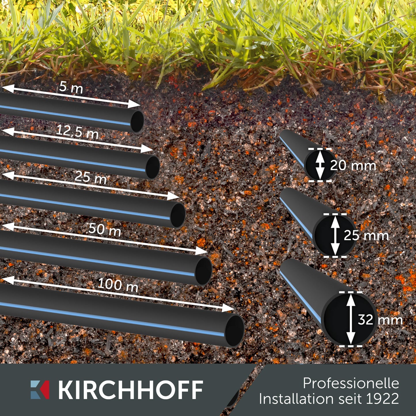 Kirchhoff water pipe for garden irrigation 25 mm x 50 m | PE pipe for sprinkler system | Installation pipe HDPE | DVGW | Drinking water pipe | Made in EU - 984829855