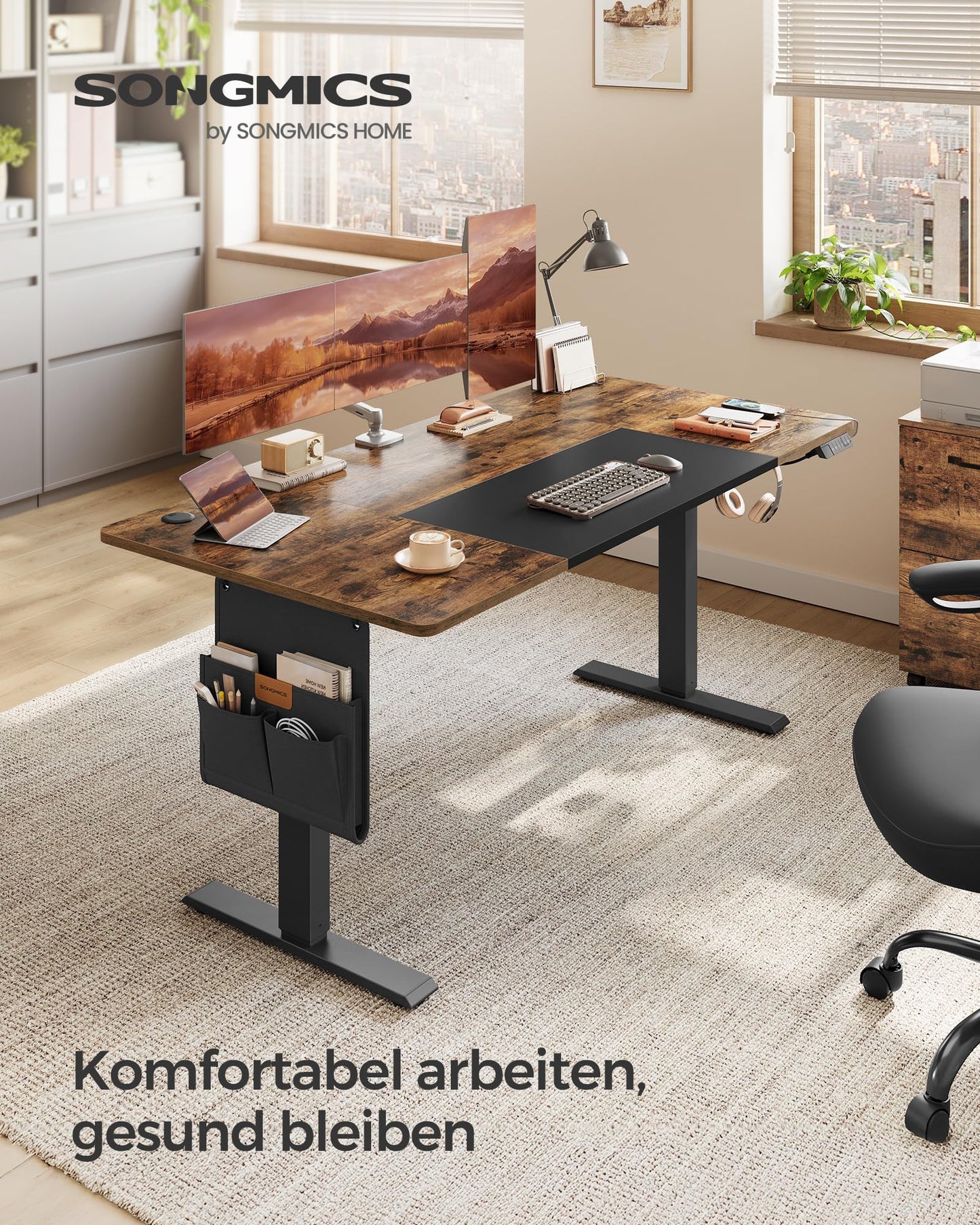 SONGMICS Electric height-adjustable desk, 160 x 70 cm, infinitely adjustable, memory function with 4 heights, vintage brown-matt black LSD026X01