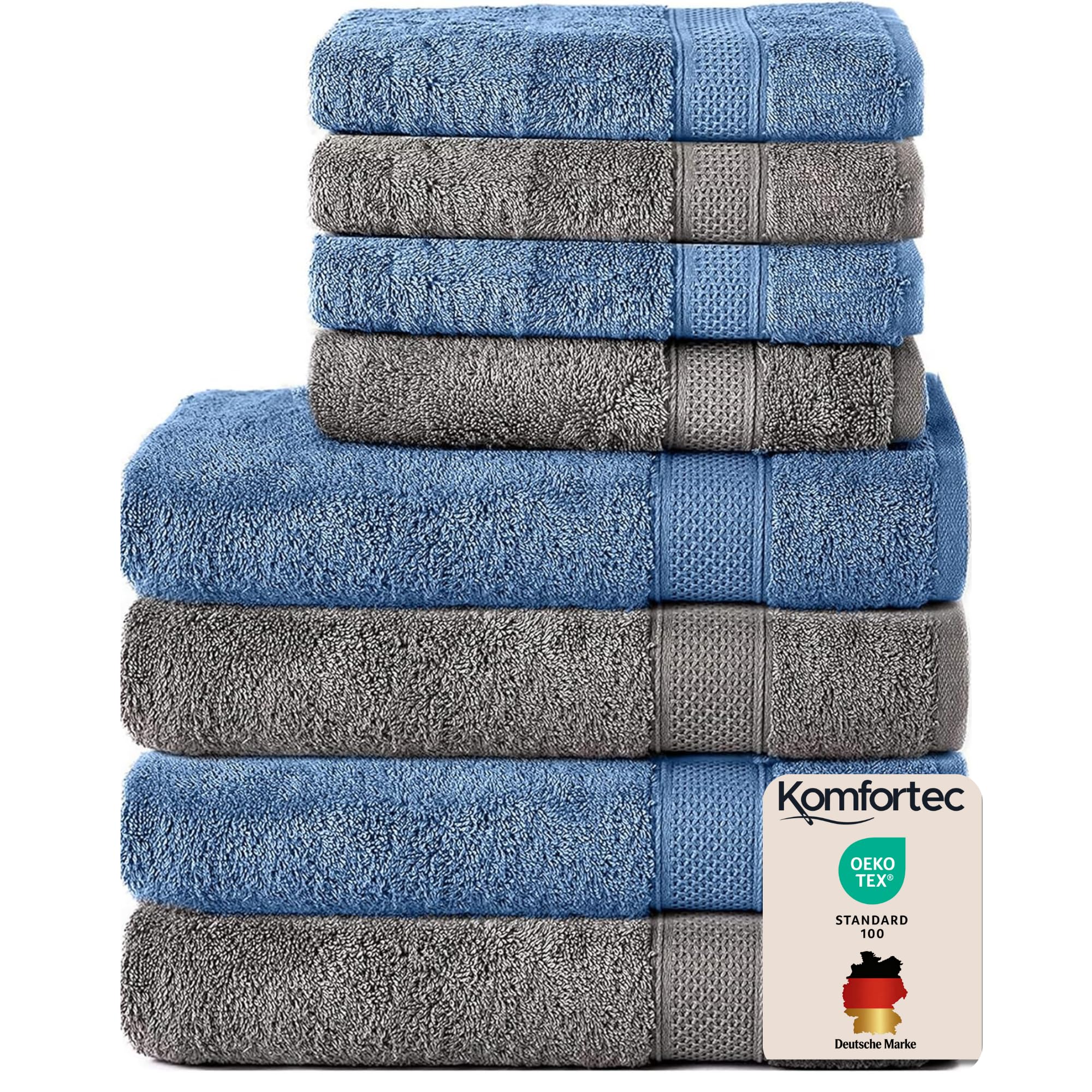 Set de 8 prosoape Komfortec, 4 prosoape de baie 70x140 cm și 4 prosoape de mâini 50x100 cm, frotir 100% bumbac, pufos și absorbant, antracit/albastru deschis - 4er-50x100-und-4er-70x140-anth-hellblau