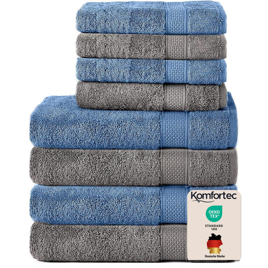 Set de 8 prosoape Komfortec, 4 prosoape de baie 70x140 cm și 4 prosoape de mâini 50x100 cm, frotir 100% bumbac, pufos și absorbant, antracit/albastru deschis - 4er-50x100-und-4er-70x140-anth-hellblau