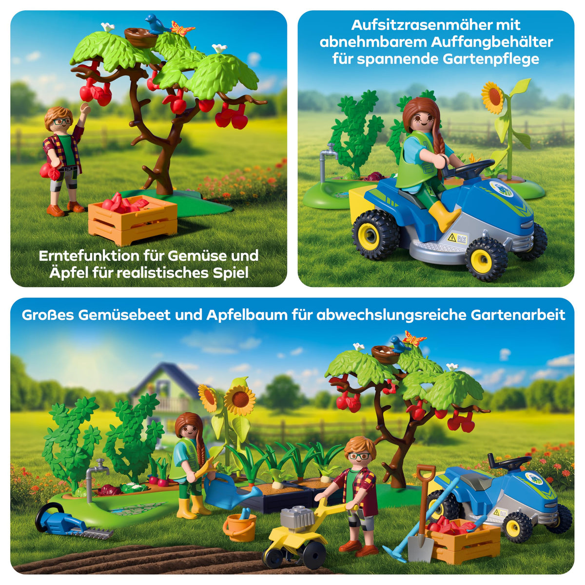 PLAYMOBIL | Țară | Grădină idilică cu legume | Set de grădină cu mașină de tuns iarba cu scaun, legume comestibile și multe accesorii | Pentru copii de la 4 ani | 72165