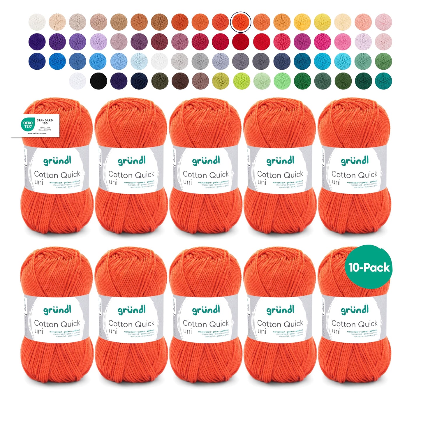 Gründl Wolle Cotton Quick uni - thin wool for crocheting - knitting yarn - crochet yarn - shiny and skin-friendly - 100% cotton - 10 balls 50 g / 125 m - needle size 3-4 - signal red - 865-153