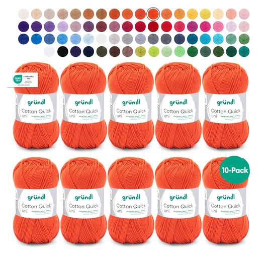 Gründl Wolle Cotton Quick uni - thin wool for crocheting - knitting yarn - crochet yarn - shiny and skin-friendly - 100% cotton - 10 balls 50 g / 125 m - needle size 3-4 - signal red - 865-153