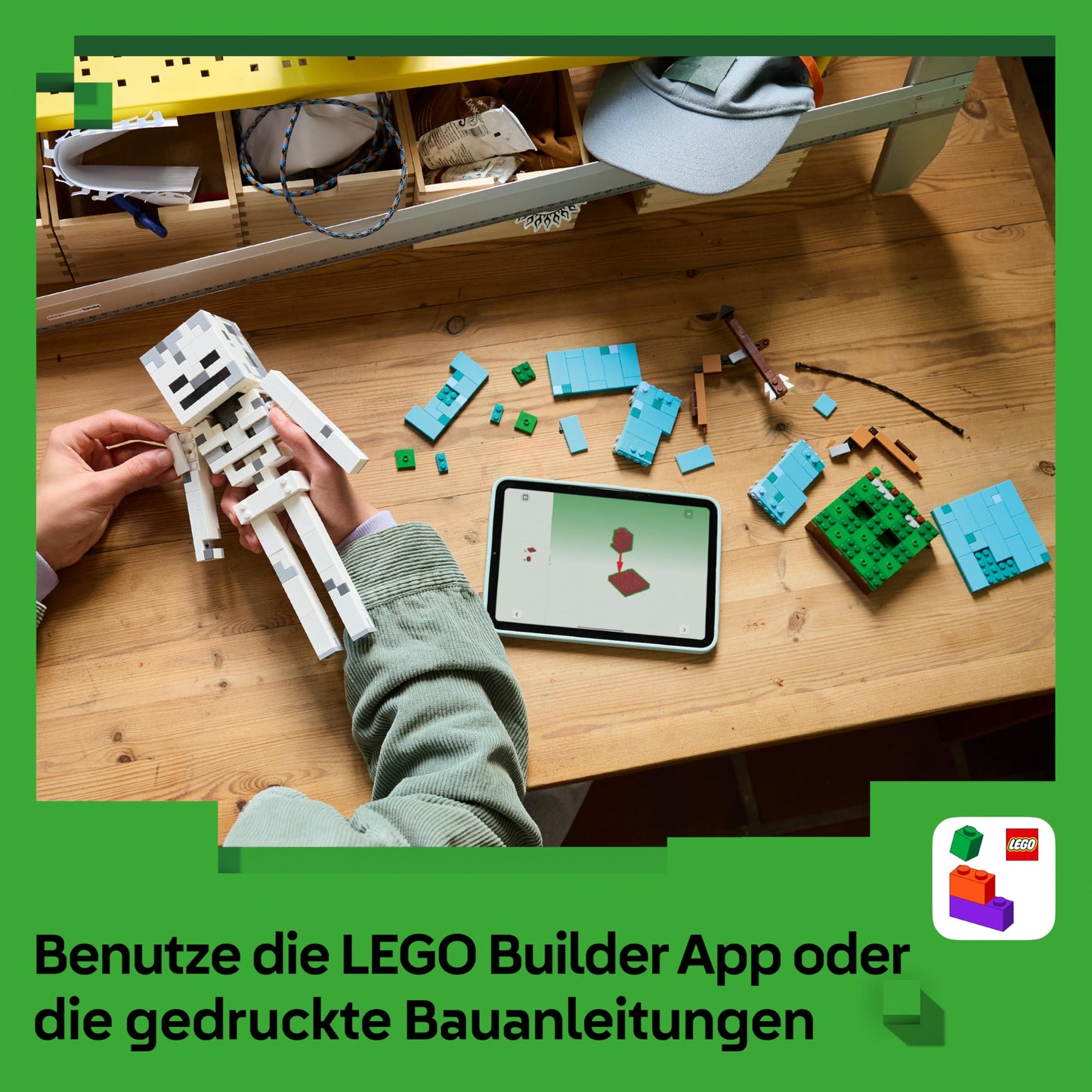 LEGO Minecraft The Skeleton - Mob figure with diamond helmet, bow and arrow and grass base as a room decoration for children - gaming gift for boys, girls and fans aged 10 and over - 21594
