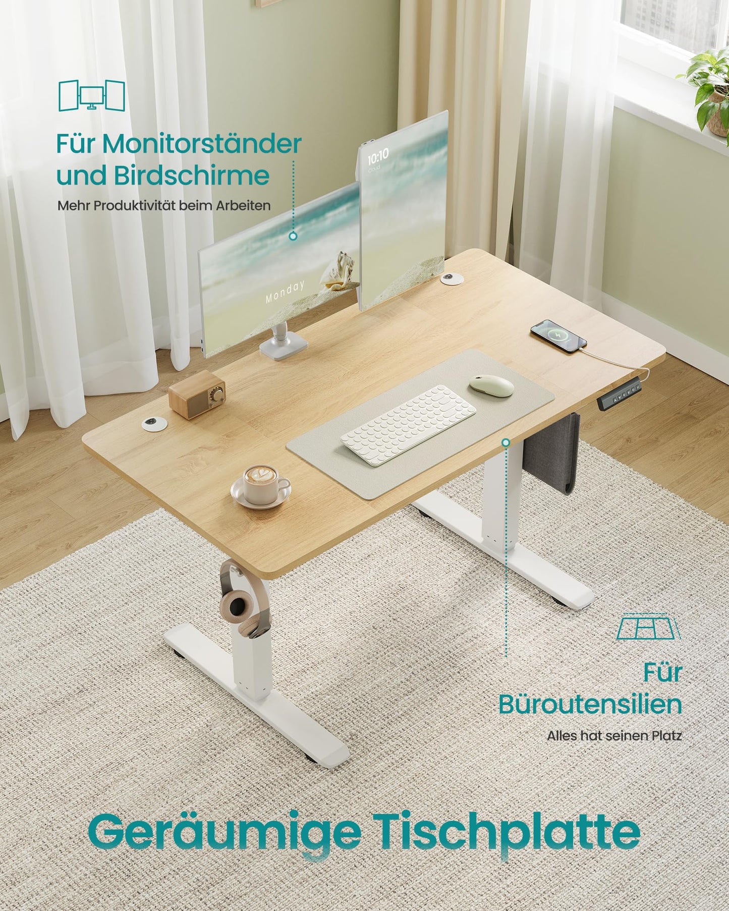 SONGMICS Height-adjustable desk electric, 120 x 60 cm, memory function with 4 heights, USB-C port, golden oak color LSD132YA01 - LSD026X01