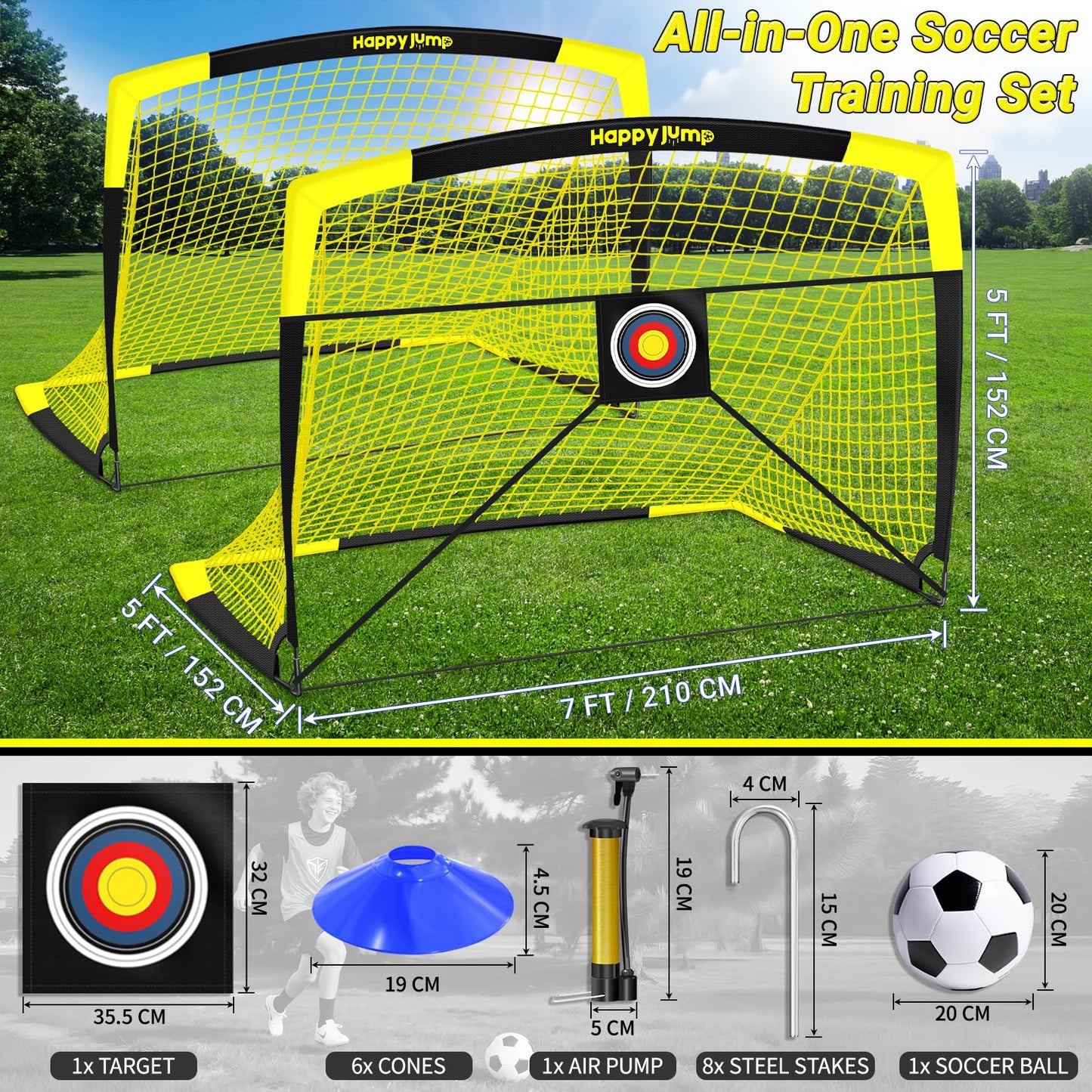 Happy Jump Pop-Up Football Goals - 213x152 cm, 2 goals, black yellow with ball, pump, cone & target | Complete training set for garden & family - Z2500900BQ1