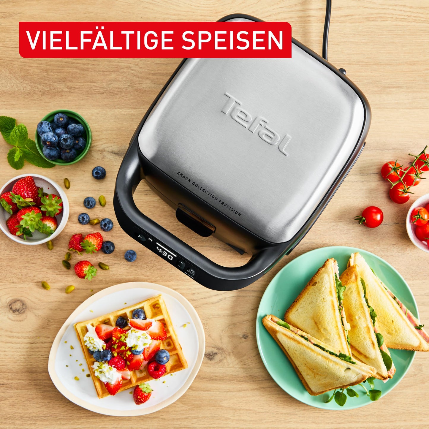 Tefal Snack Collection Precision Sandwich and Waffle Maker, 3 Preset Programs, Digital Screen with Timer, Non-Stick Coating, Space Saving Design, Silver/Black, SW872BF0